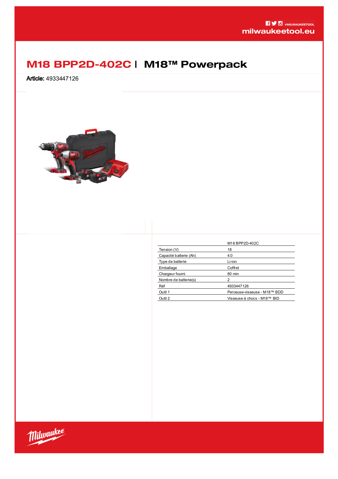 Milwaukee 4933447126, M18 BPP2D-402C Specification - ManualMachine.com