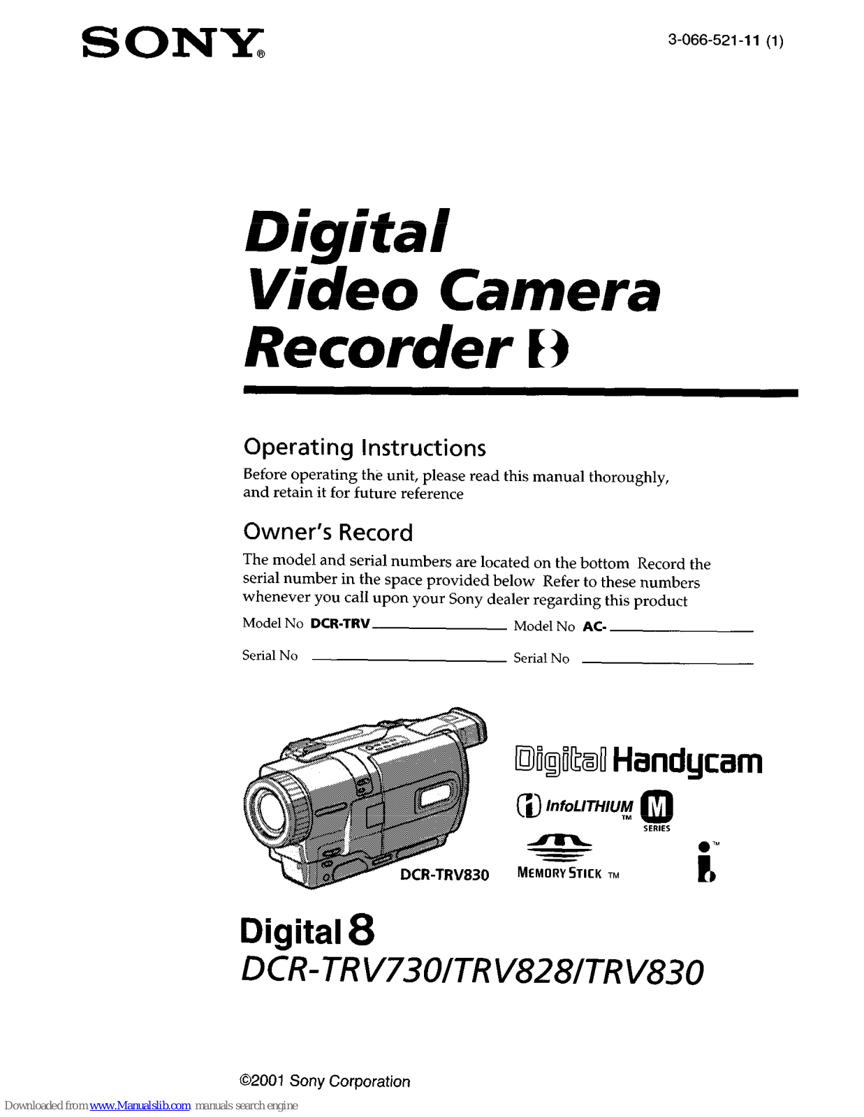 Sony DCR-TRV73O, DCR-TRV828, DCR-TRV830 Operating Instructions Manual