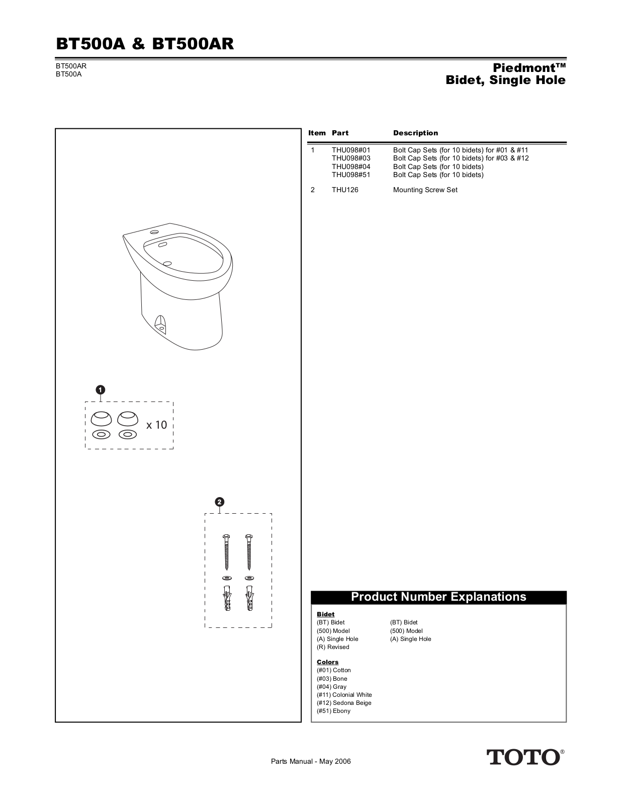 Toto BT500AR01 User Manual