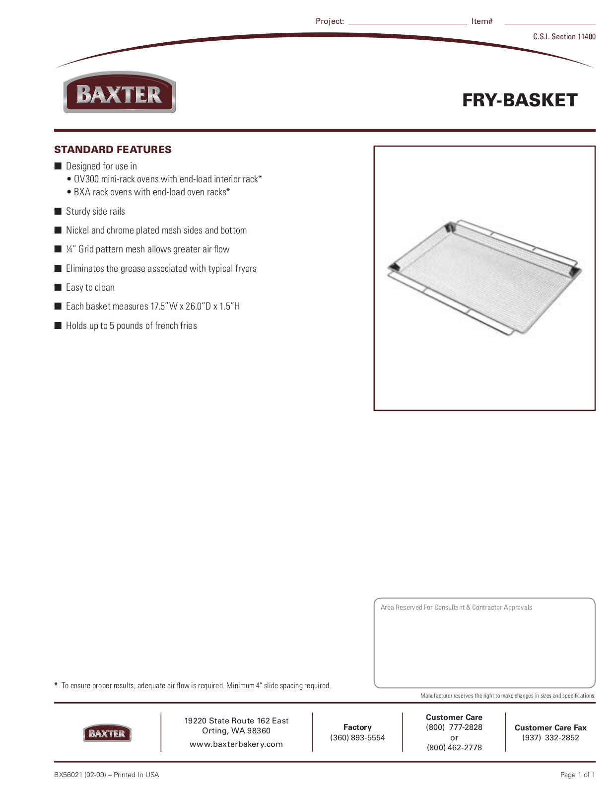 Baxter Fry Basket, OV300 Specifications