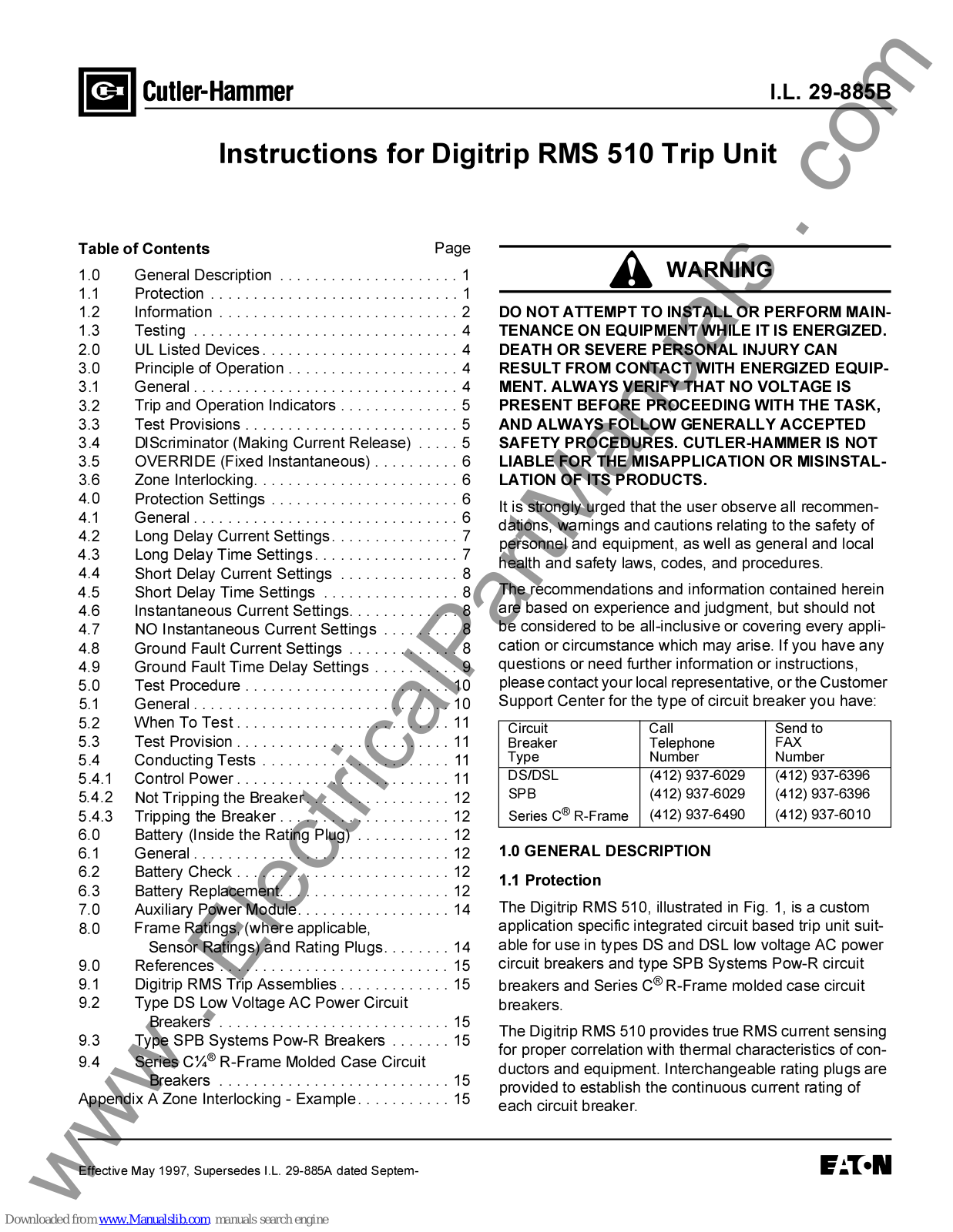 Eaton Digitrip RMS 510 LI, Digitrip RMS 510 LSI, Digitrip RMS 510 LS, Digitrip RMS 510 LSIG, Digitrip RMS 510 LIG Instruction Manual