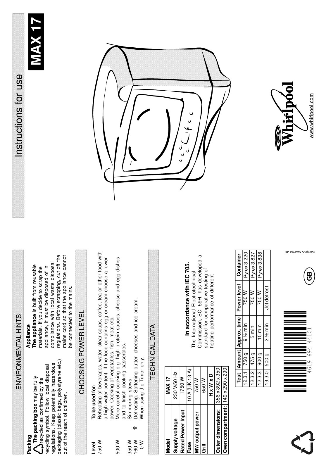 Whirlpool MAX 17/AB INSTRUCTION FOR USE