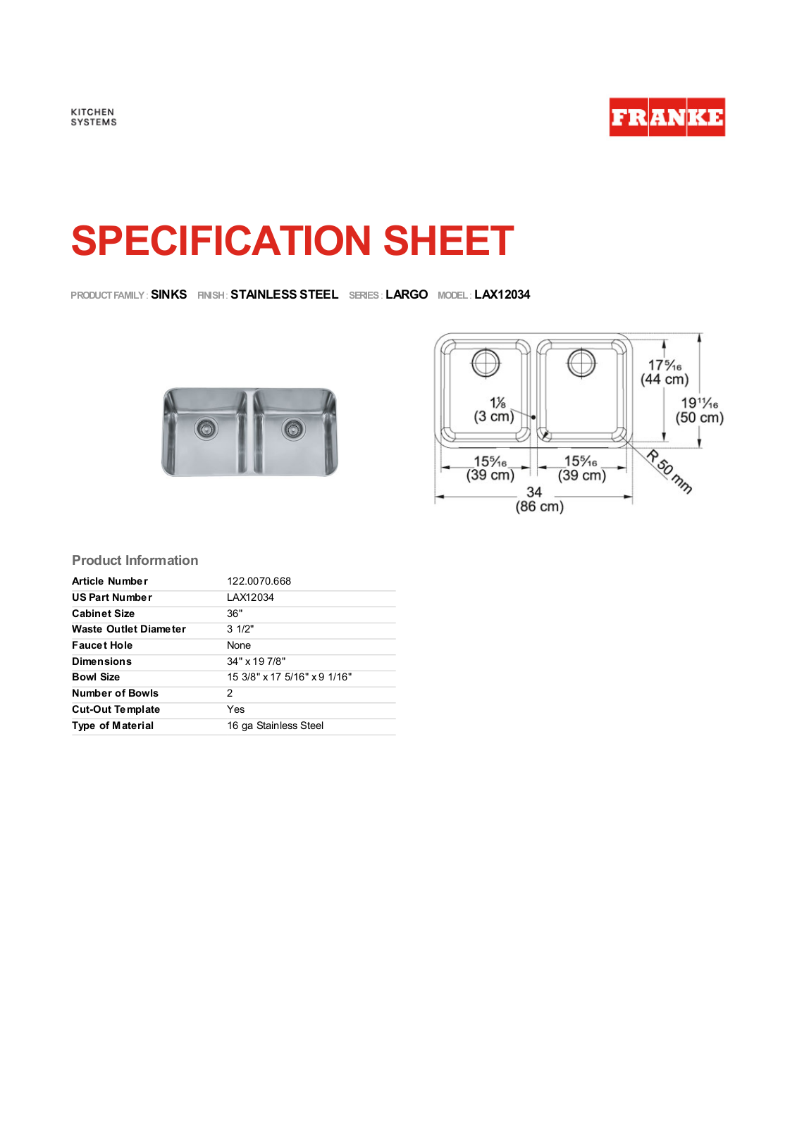 Franke Foodservice LAX12034 User Manual