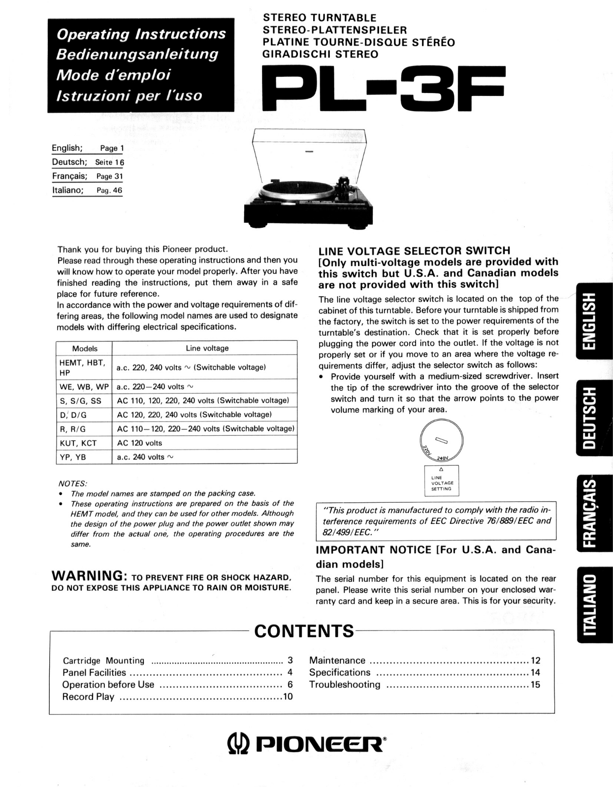 Pioneer PL-3-F Owners manual