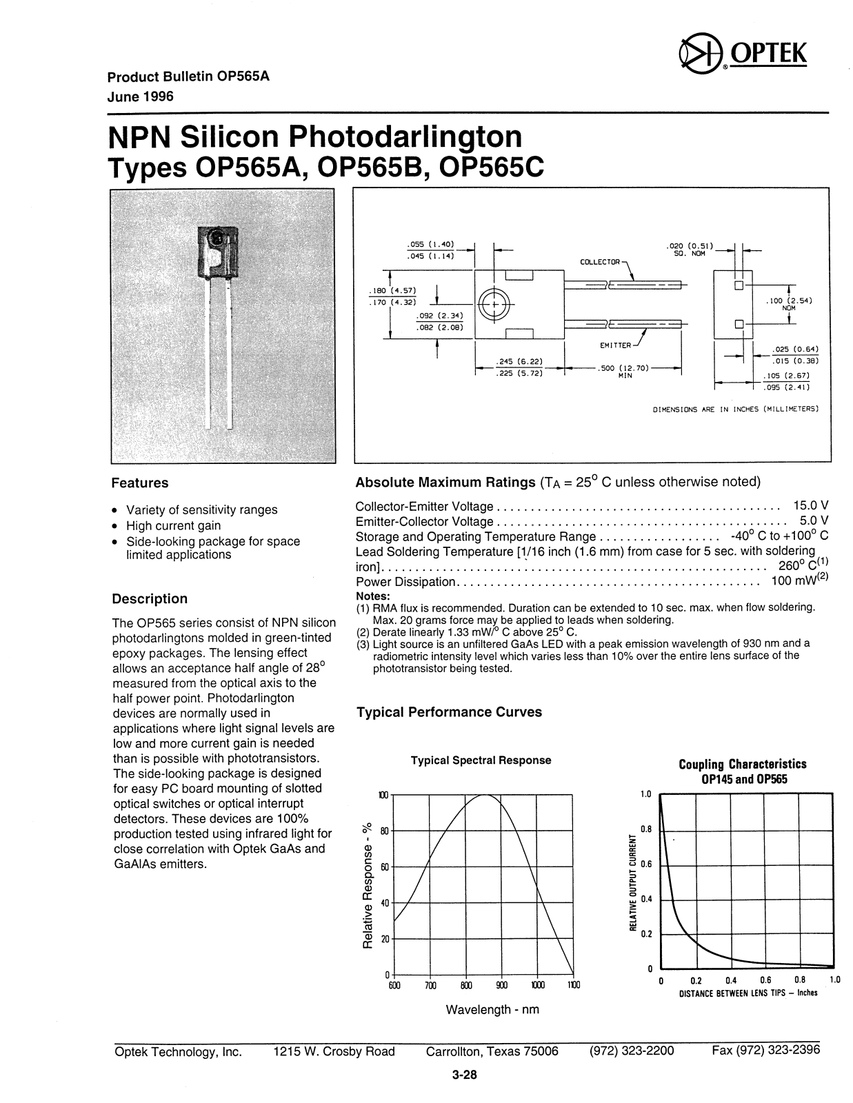 OPTEK OP565C, OP565B, OP565A Datasheet