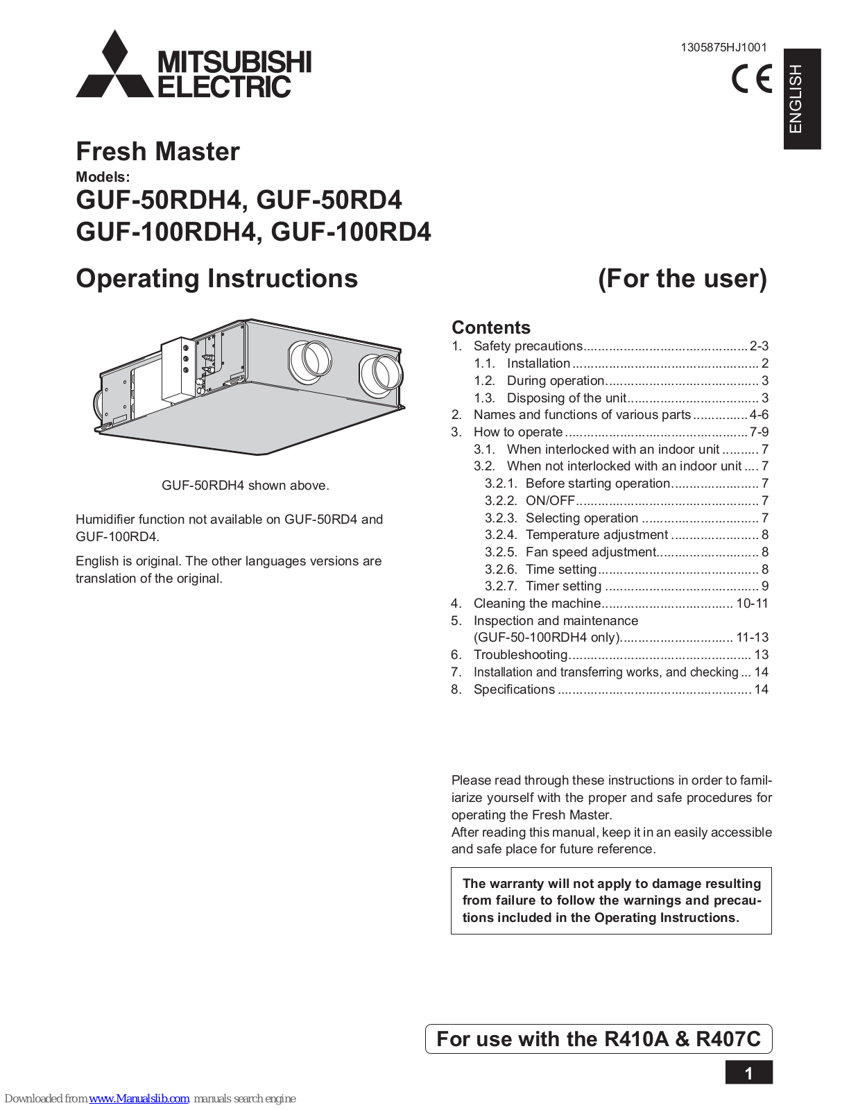 Mitsubishi Electric Fresh Master GUF-50RDH4, Fresh Master GUF-50RD4, Fresh Master GUF-100RDH4, Fresh Master GUF-100RD4 Operating Instructions Manual