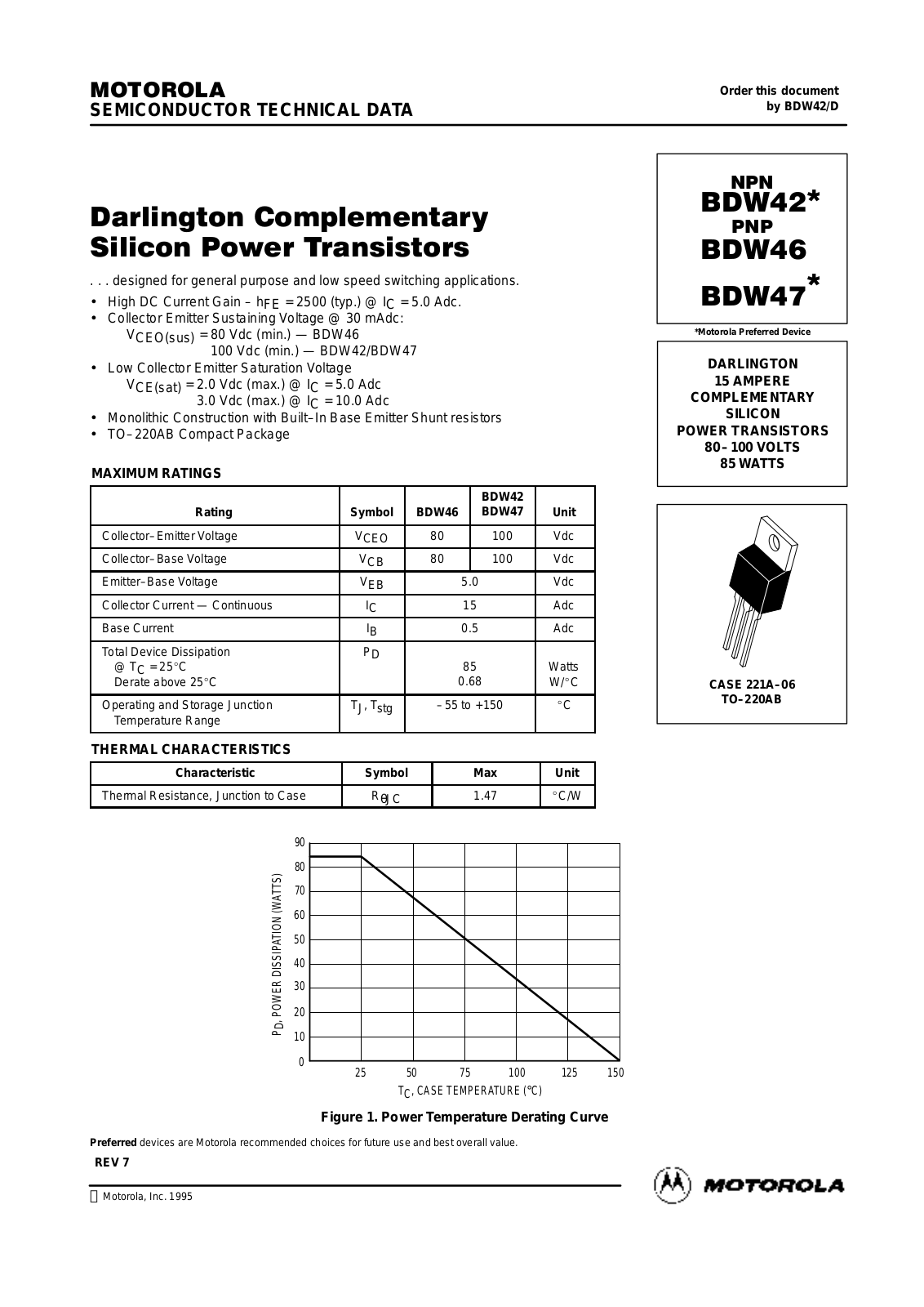 ON Semiconductor BDW47T, BDW47, BDW46, BDW42 Datasheet