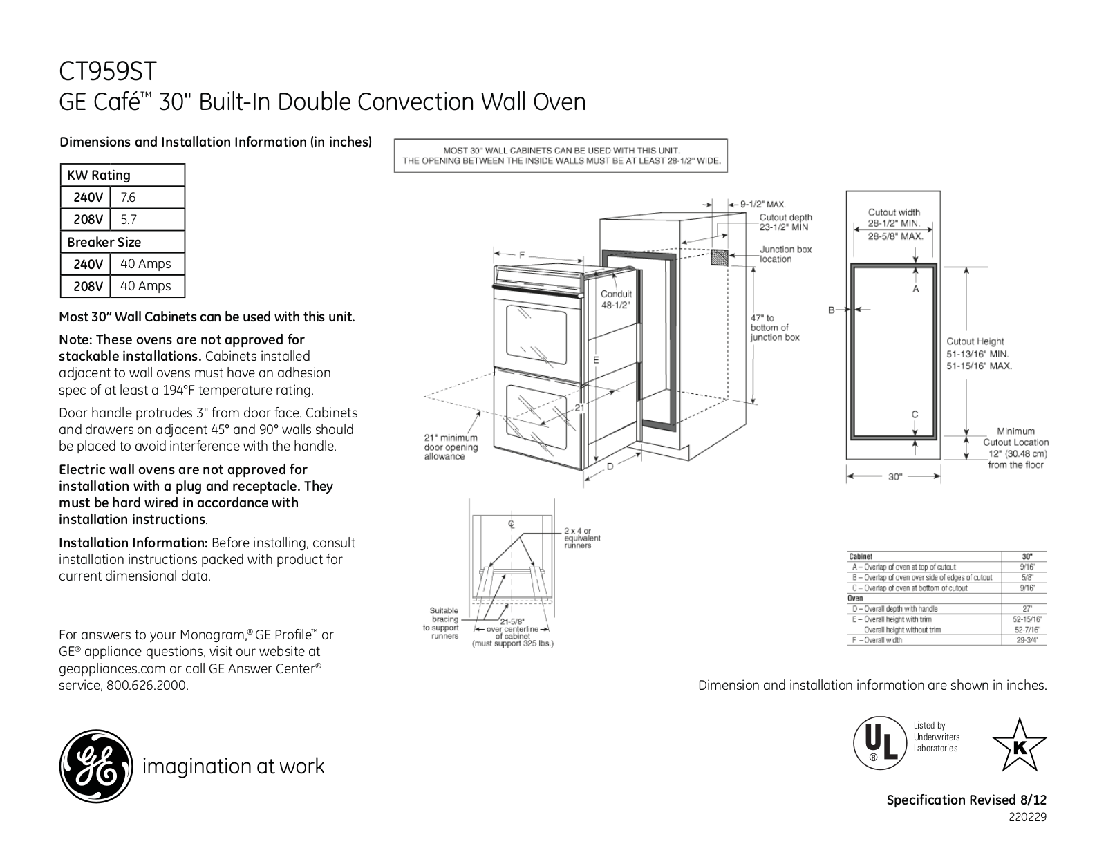 GE CT959STSS Specification Sheet