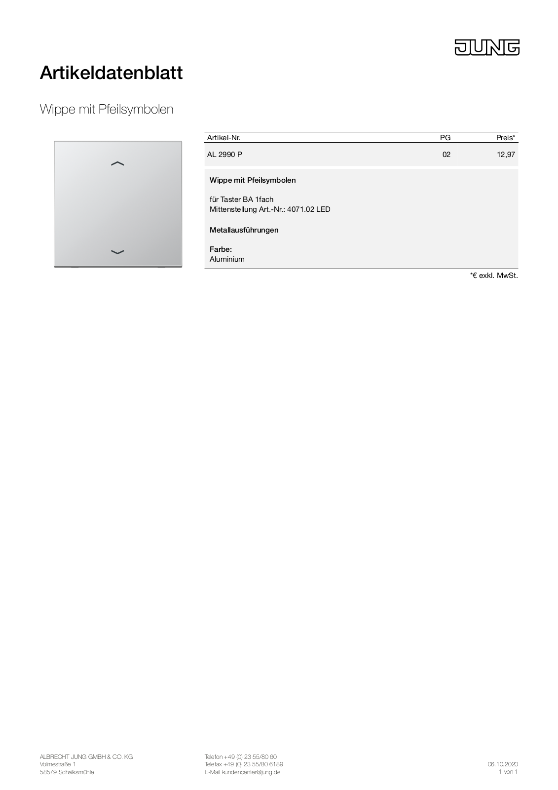 Jung AL 2990 P Technical data