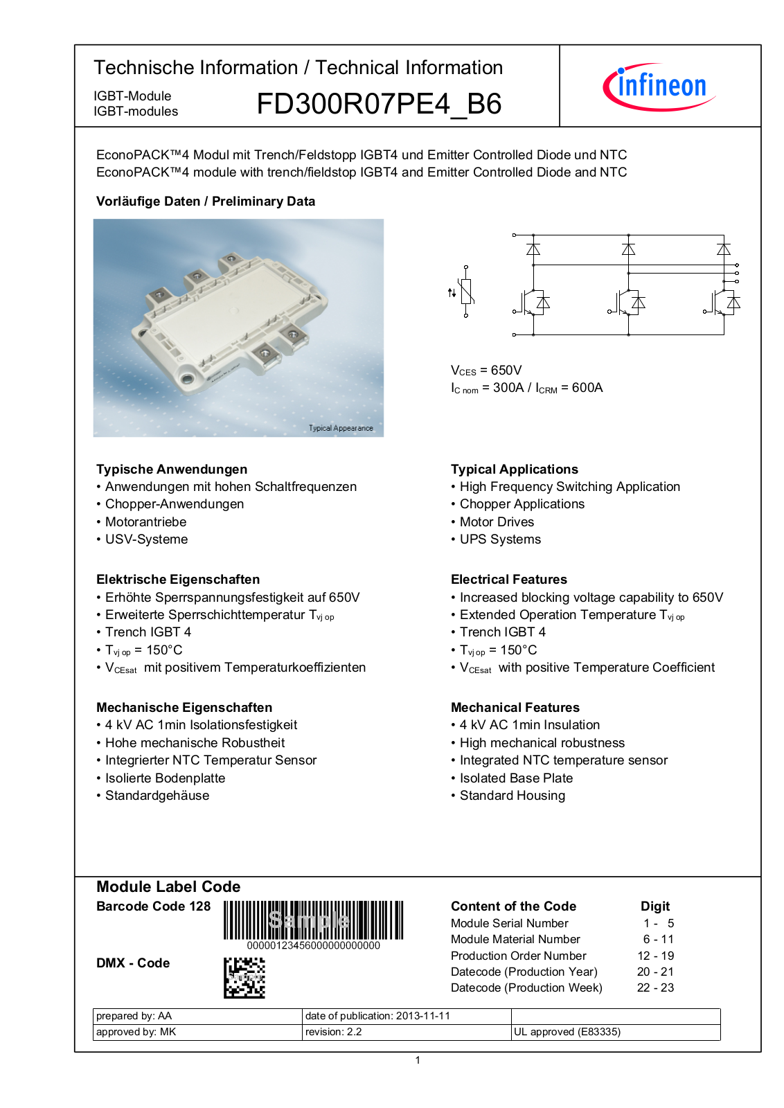 Infineon FD300R07PE4-B6 Data Sheet