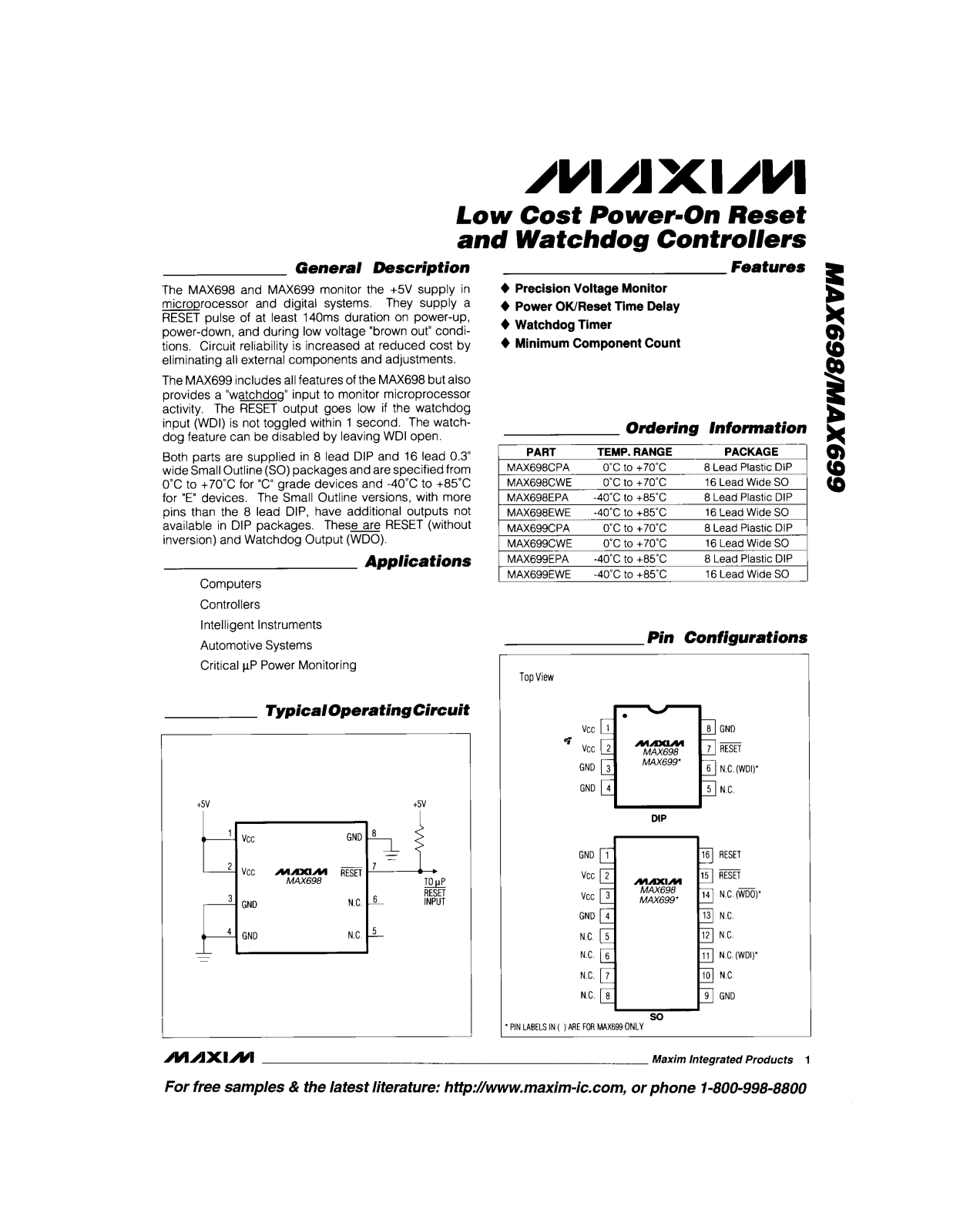 Maxim MAX699EPA, MAX699EWE, MAX698EPA, MAX698EWE, MAX699CPA Datasheet