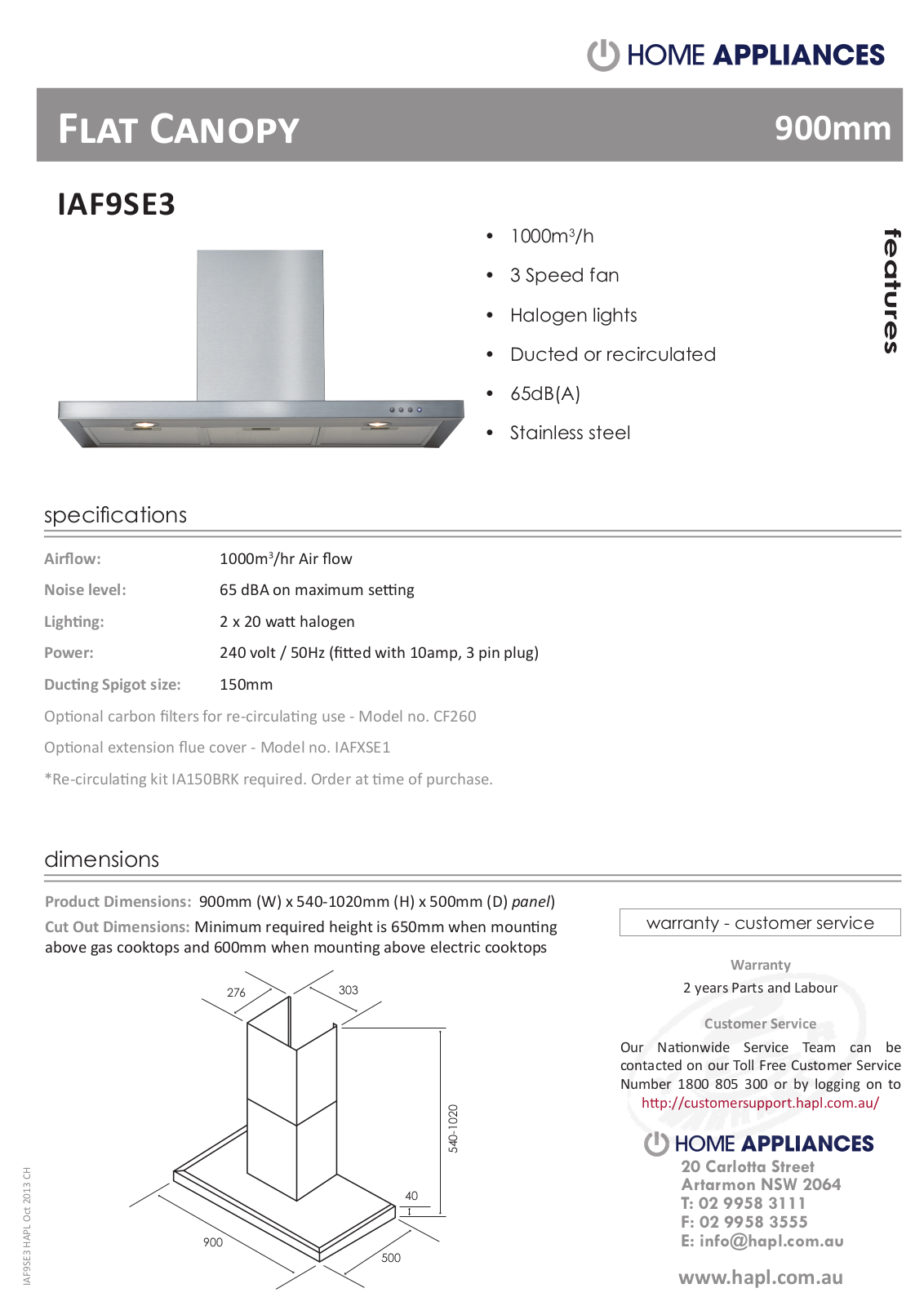 Arc IAF9SE3 Specifications Sheet