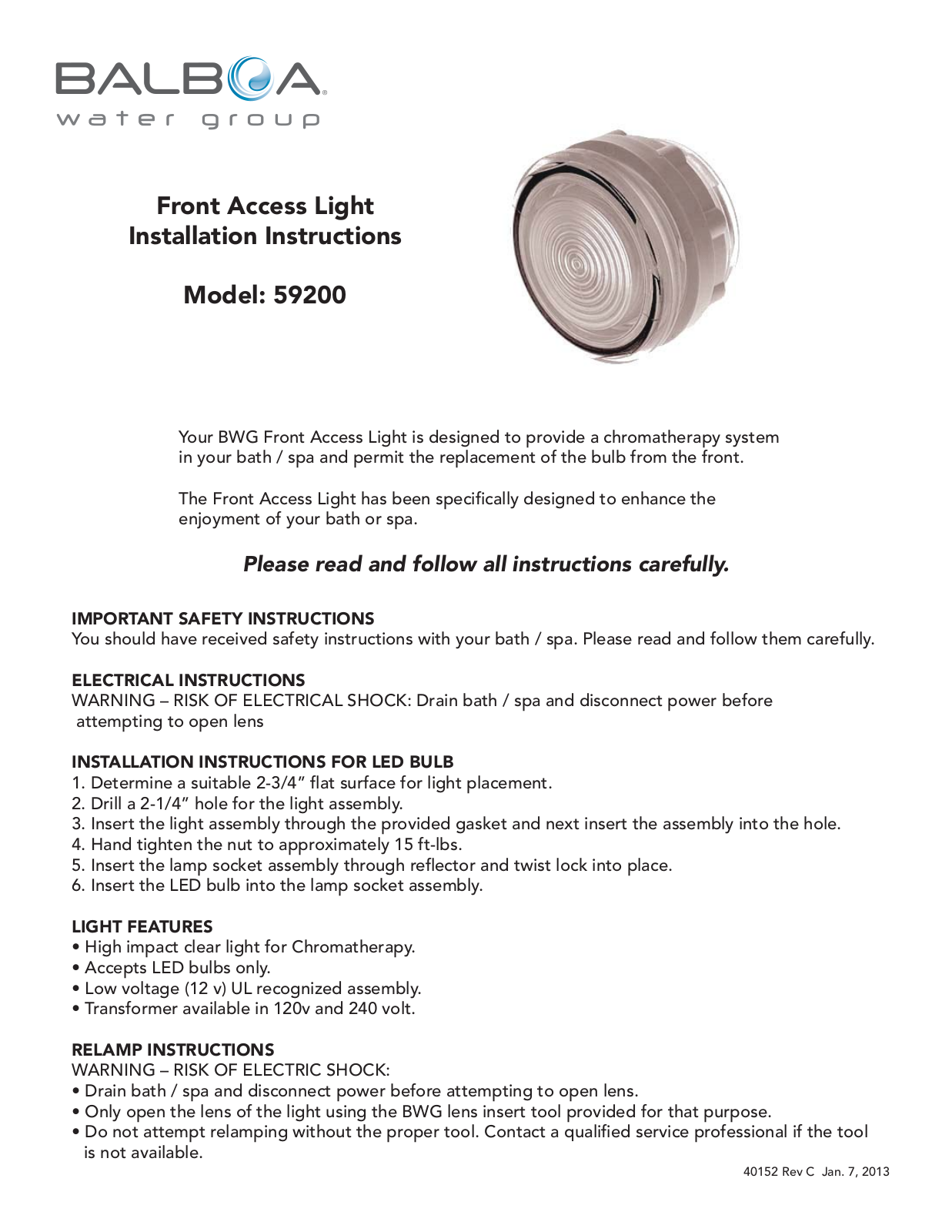 Balboa Water Group Chromatherapy Front Access Light User Manual