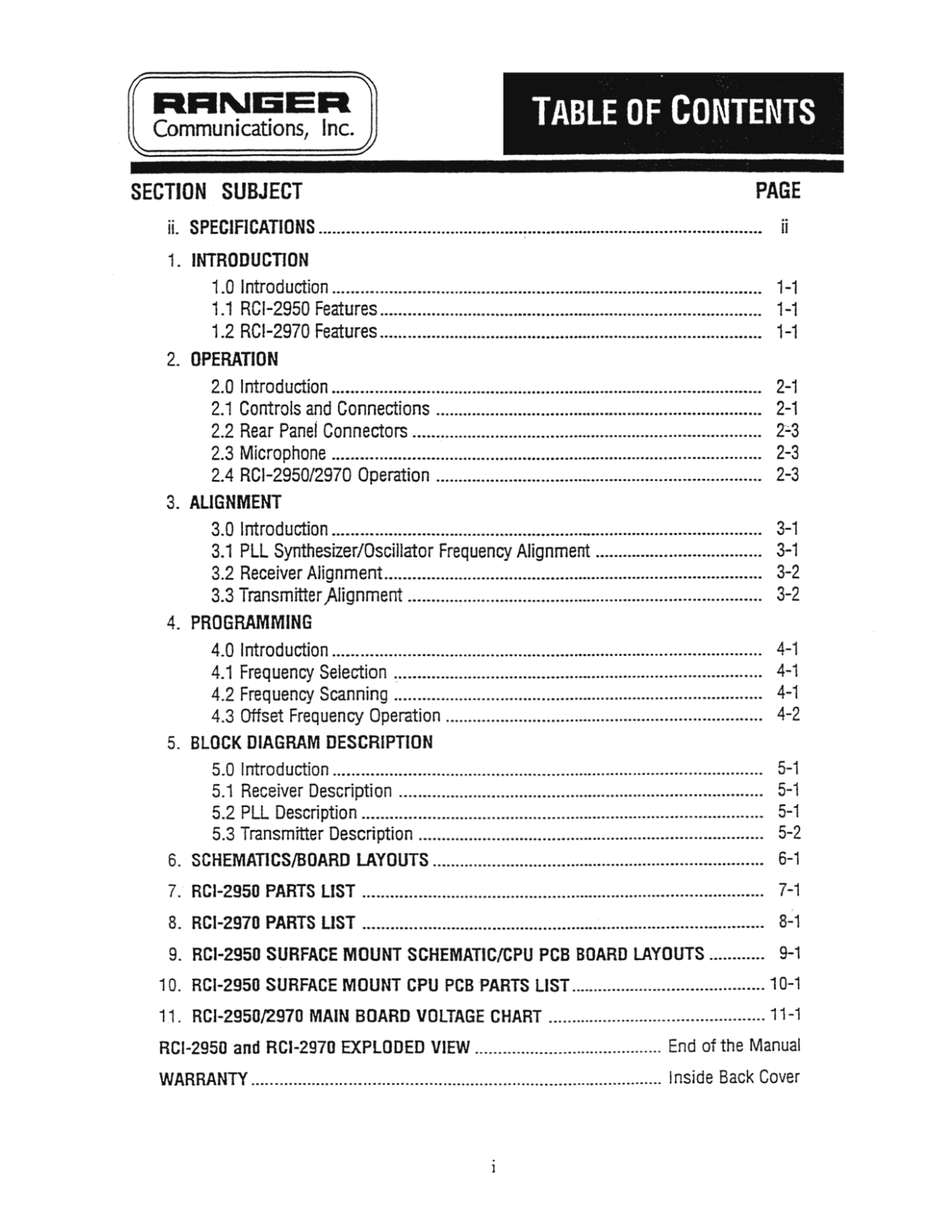 Ranger RCI2950, RCI2970 Service Manual