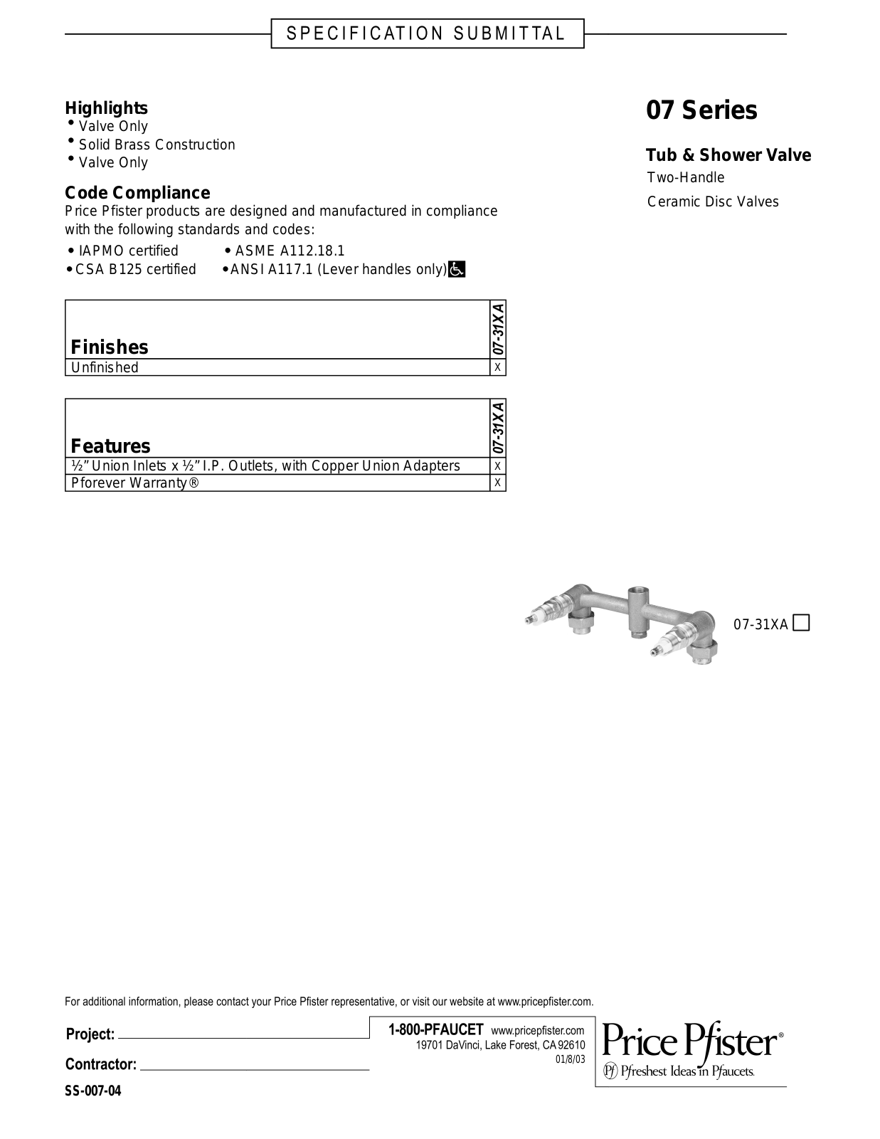 Pfister PPR1218 Specifications - ManualMachine.com