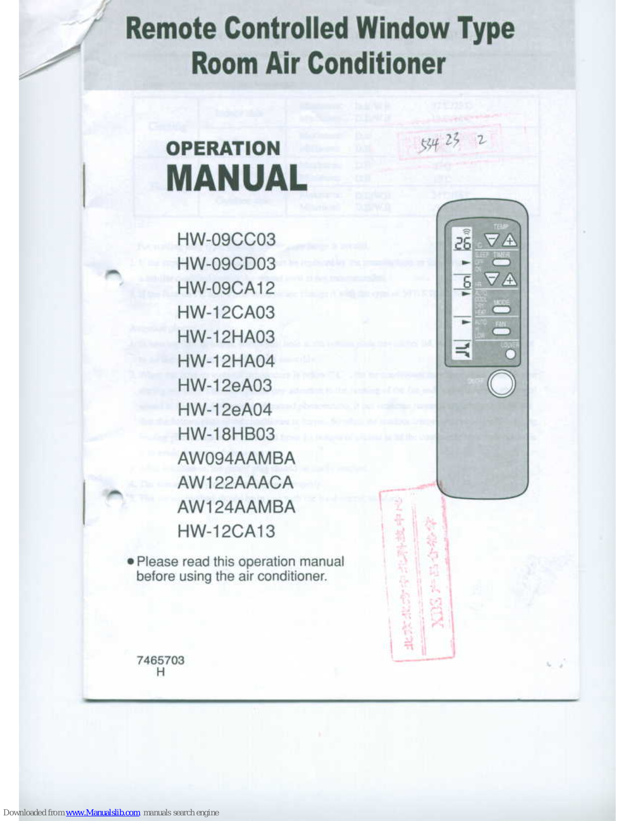 Haier AW122AAACA, HW-09CC03, AW124AAMBA, HW-09CA12, HW-12CA13 Operation Manual