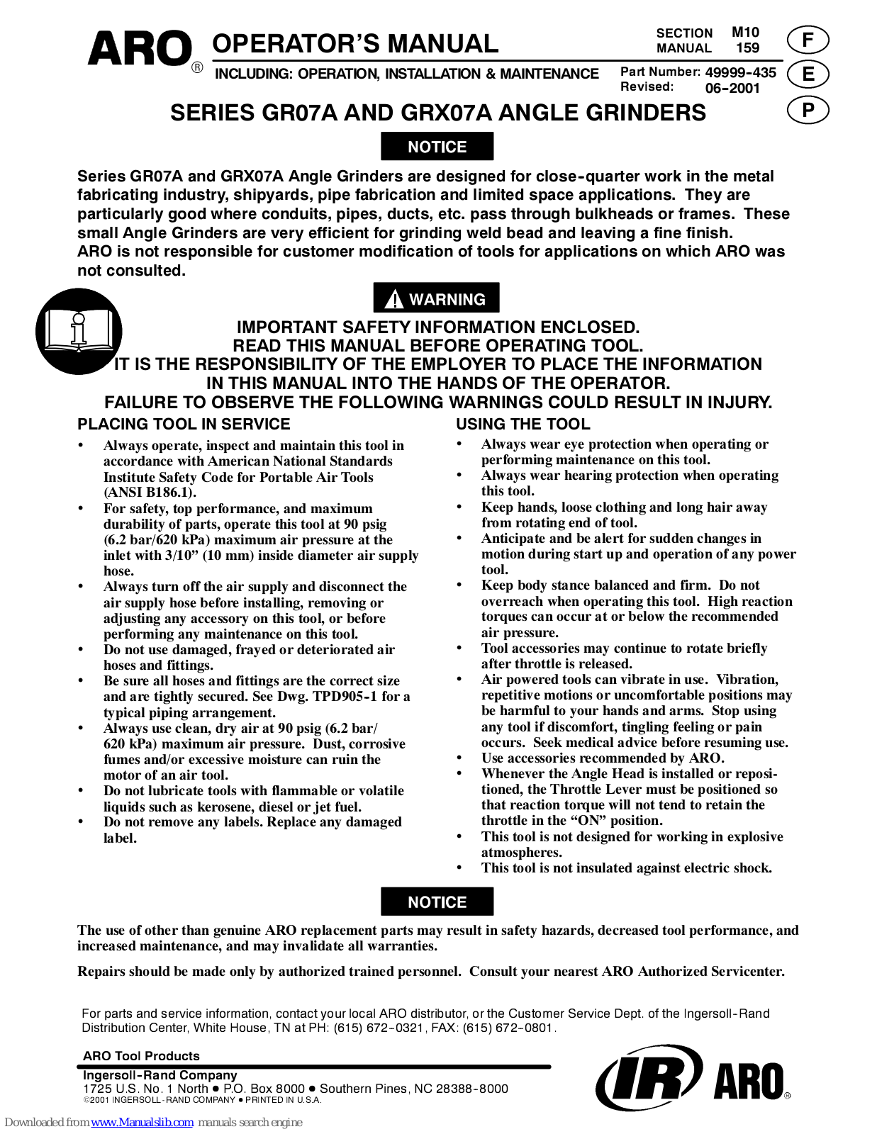 Ingersoll-Rand GRX07A-14RC-2, GR07A-18RC-2 Operator's Manual