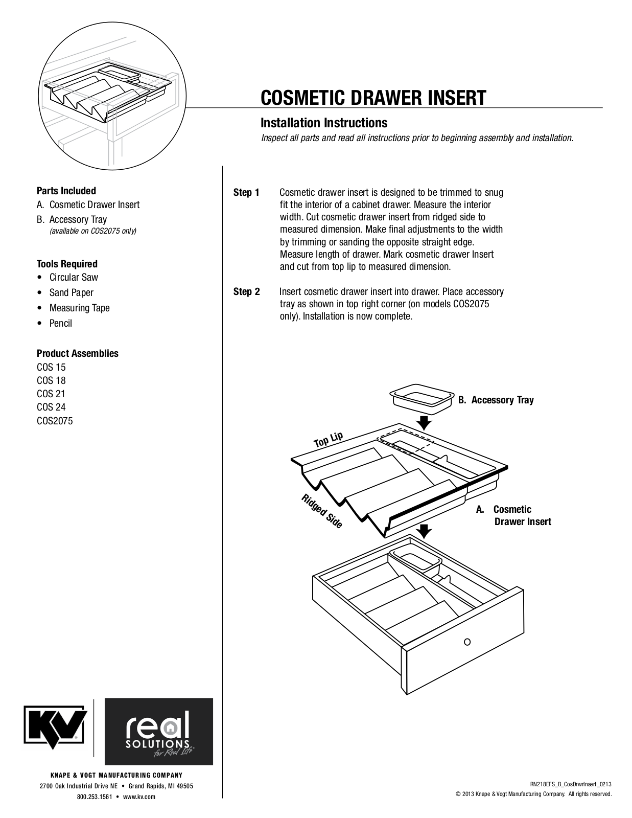 Knape & Vogt COS 15, COS 24, COS 21, COS 18, COS2075 Installation Instructions Manual