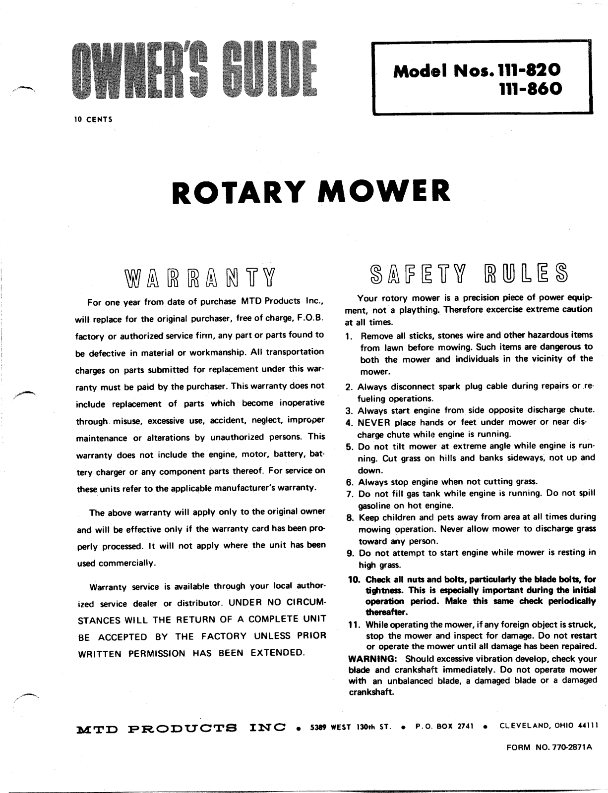 MTD 111-820, 111-860 User Manual