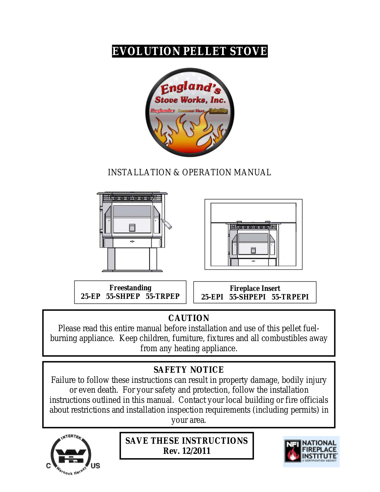 England's Stove Works 55-TRPEPI, 55-SHPEPI User Manual