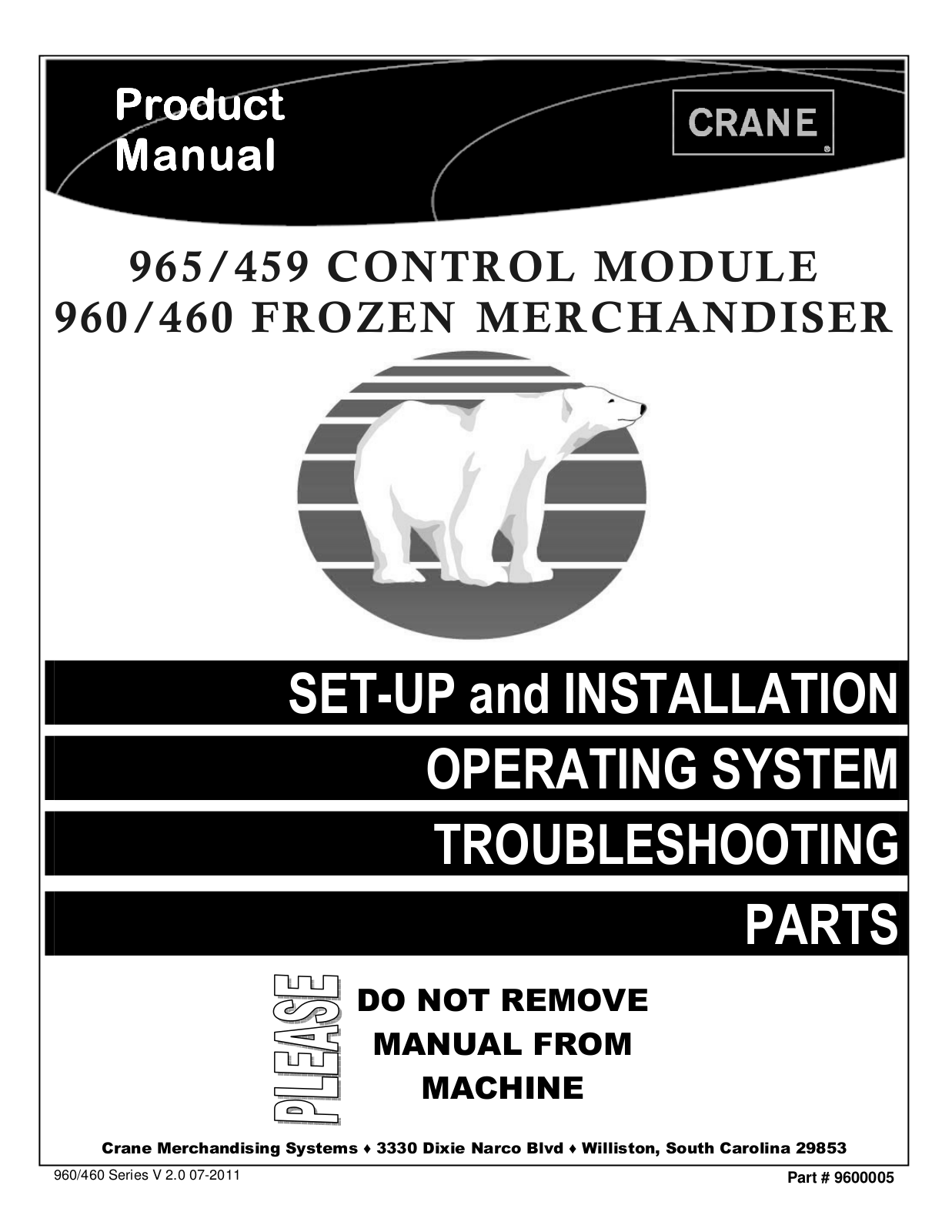 Crane  Merchandising Systems 965, 459, 960, 460 Installation  Manual