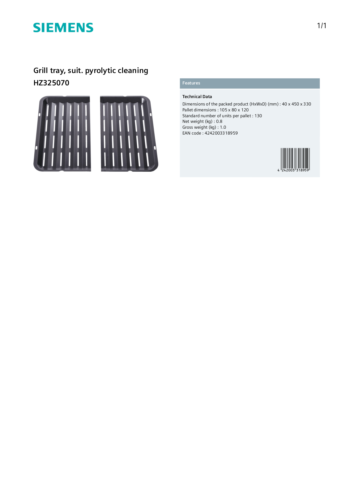 Siemens HZ325070 Specifications Sheet