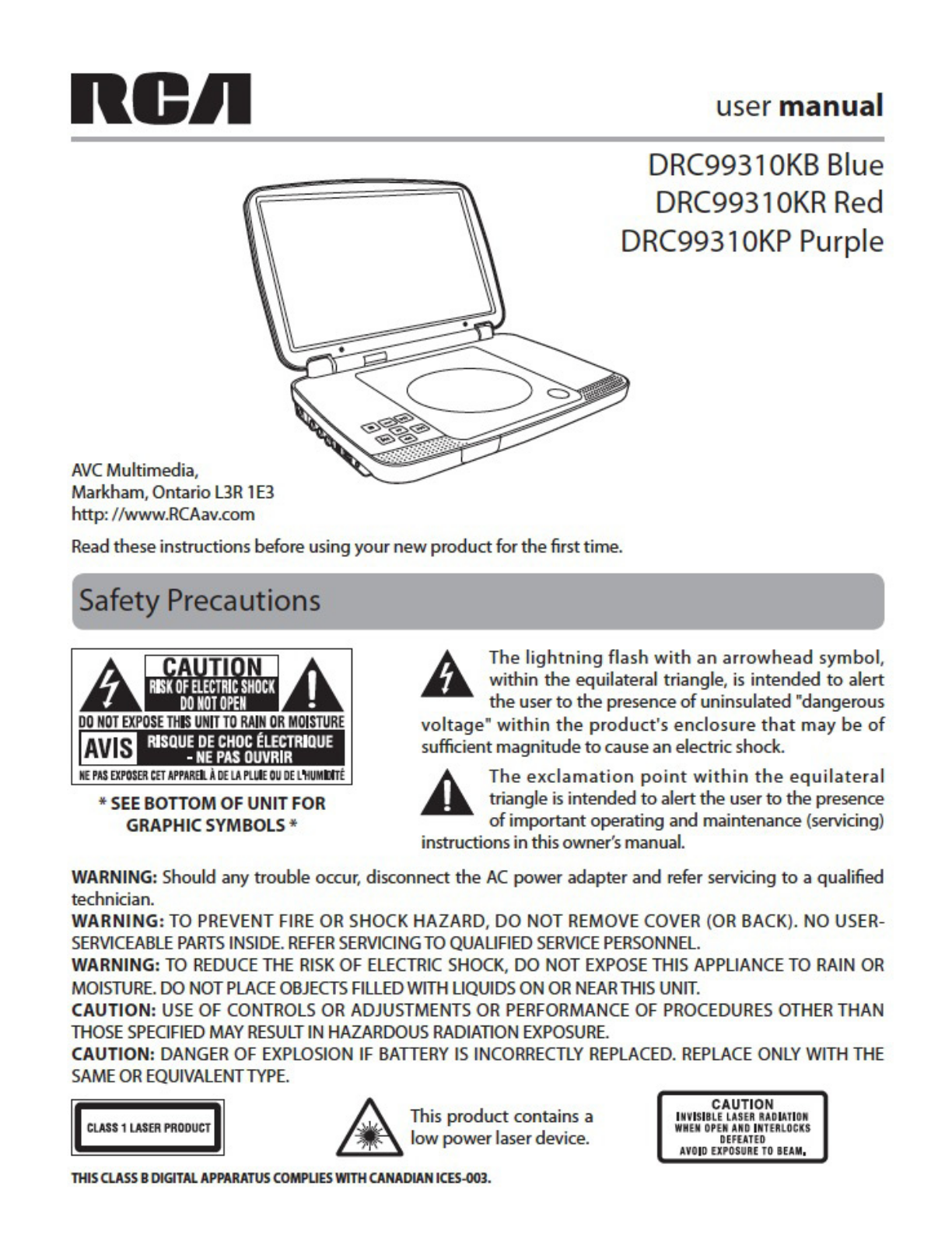 RCA DRC99310, DRC99310KB, DRC99310KR, DRC99310KP User Manual