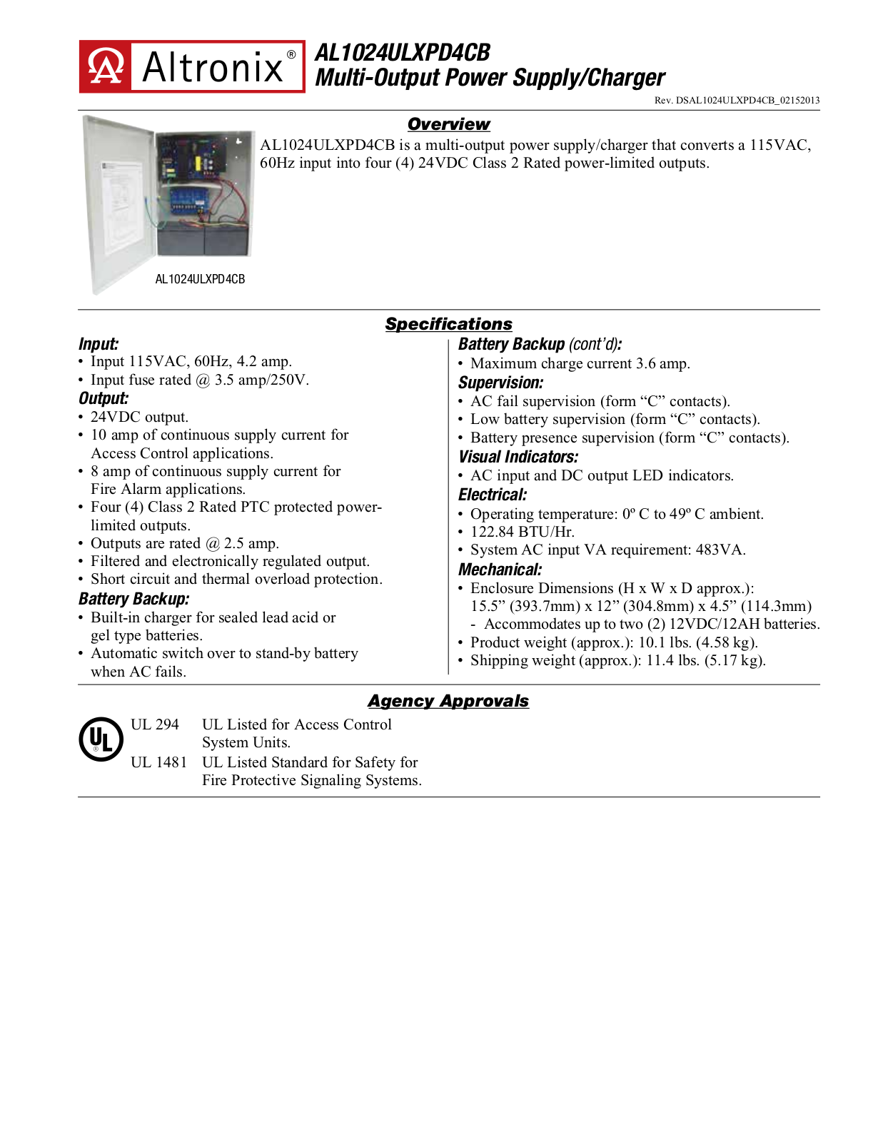 Altronix AL1024ULXPD4CB Specsheet