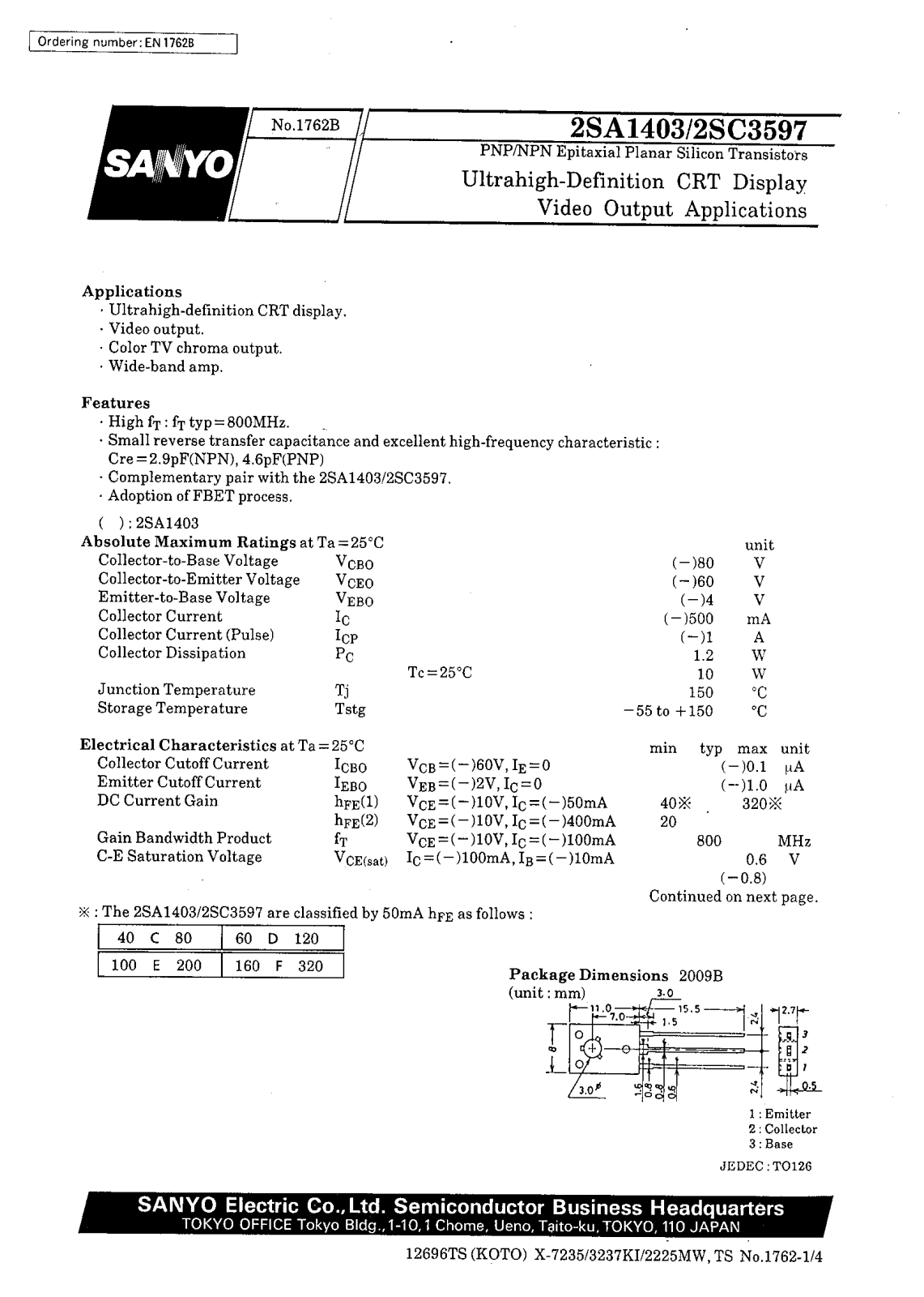 SANYO 2SC3597, 2SA1403 Datasheet