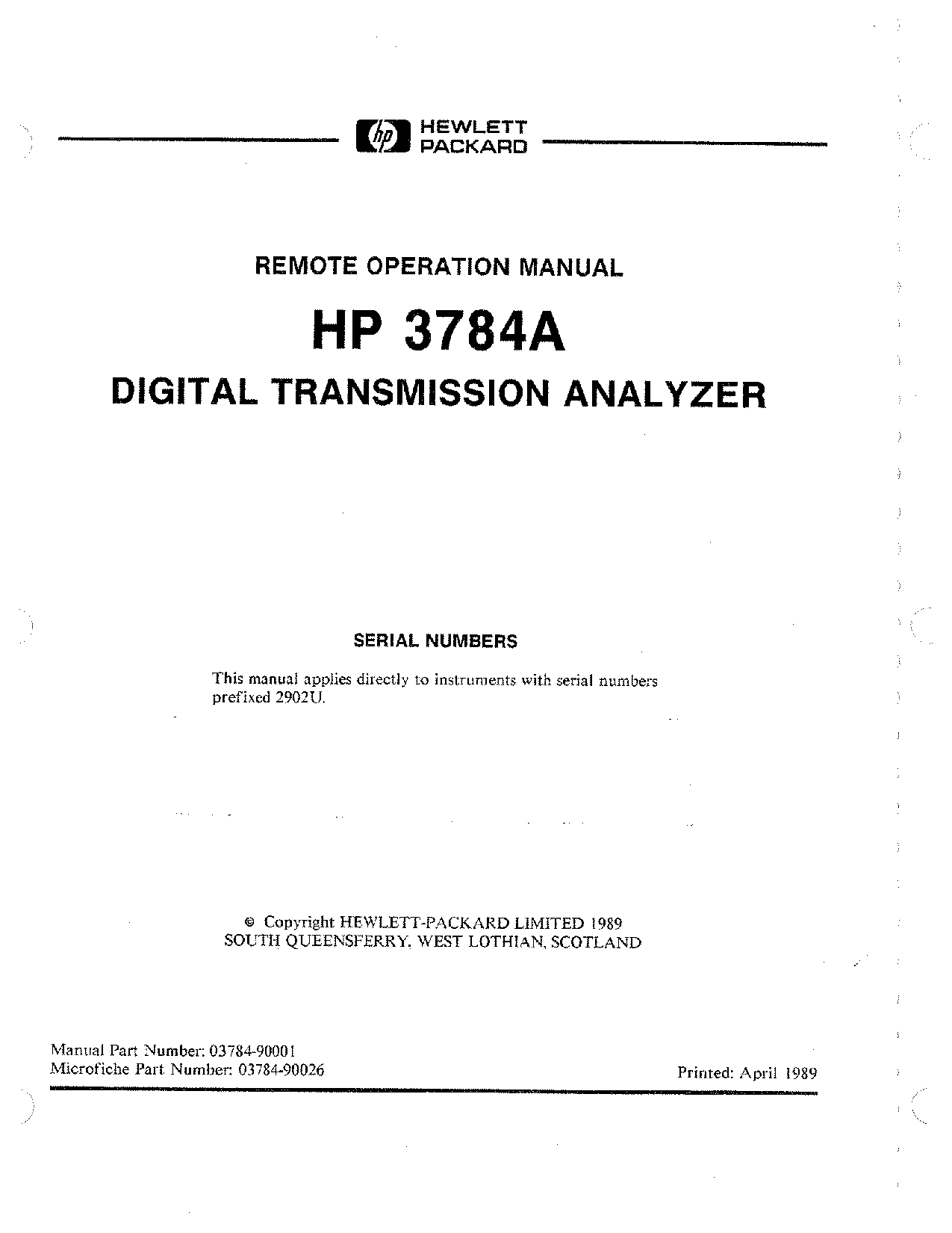 HP (Hewlett-Packard) 3784A User Manual