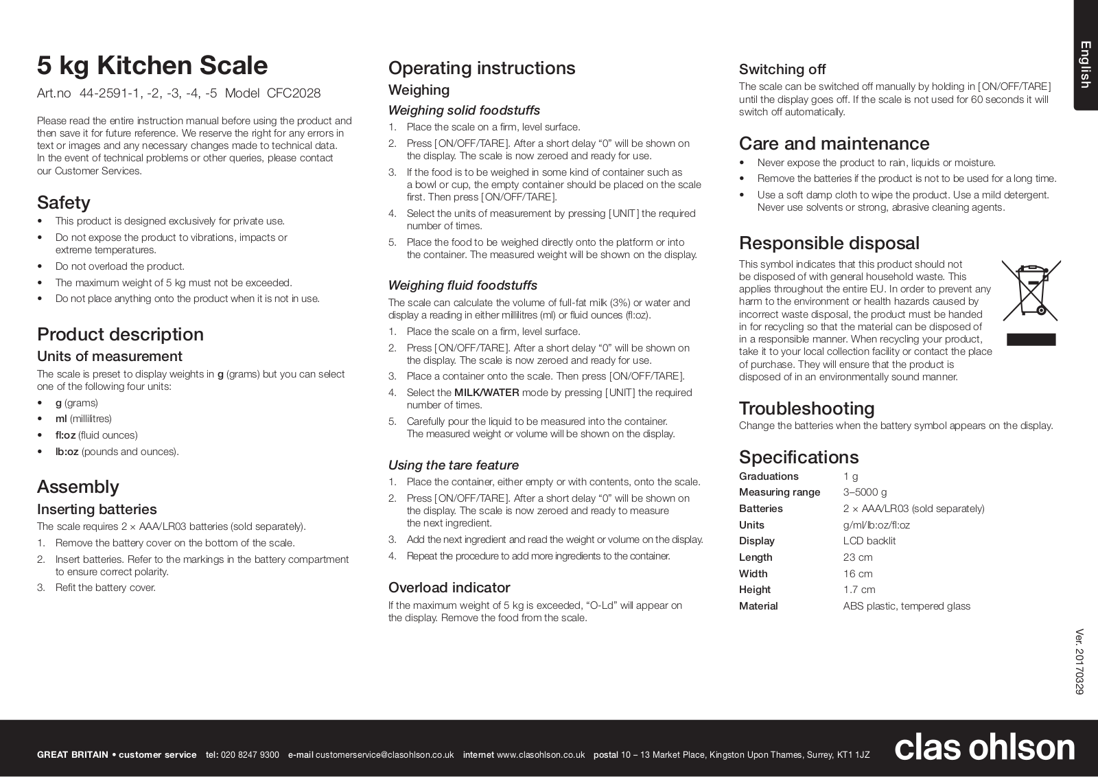 Clas Ohlson CFC2028 Operating Instructions Manual