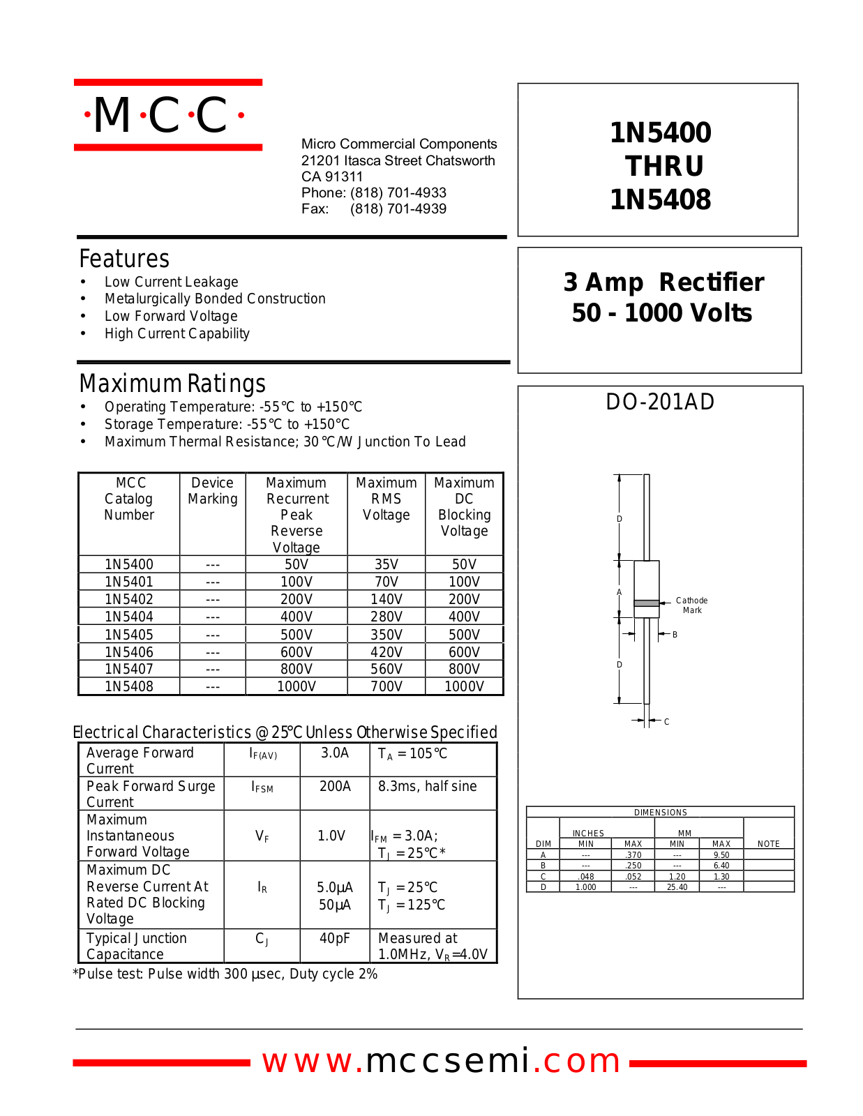 MCC 1N5407, 1N5406, 1N5404, 1N5402, 1N5401 Datasheet