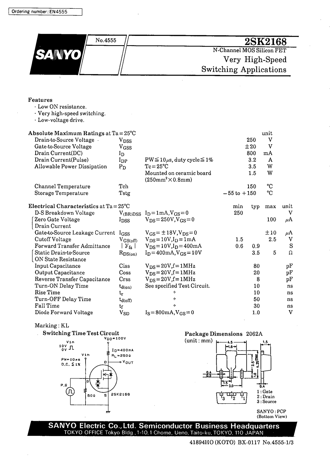 SANYO 2SK2168 Datasheet