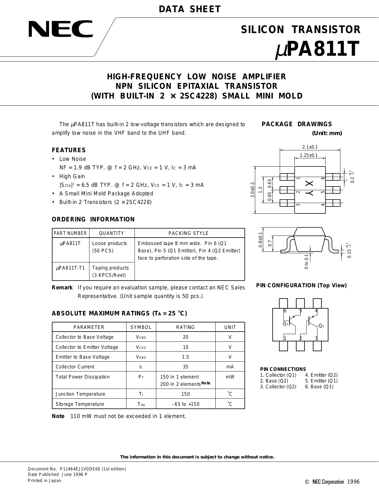 NEC UPA811T-T1, UPA811T Datasheet