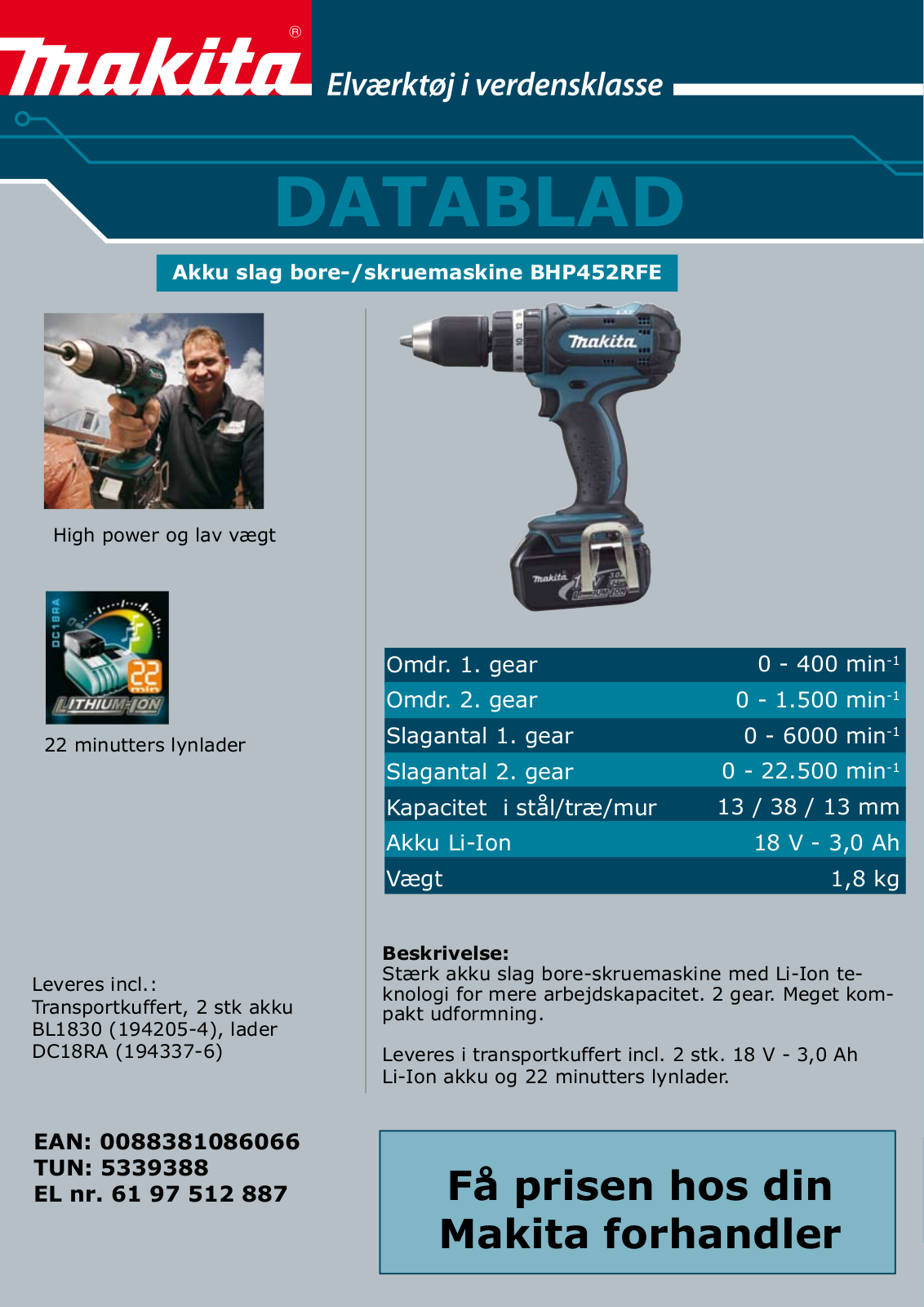 Makita BHP452RFE DATASHEET