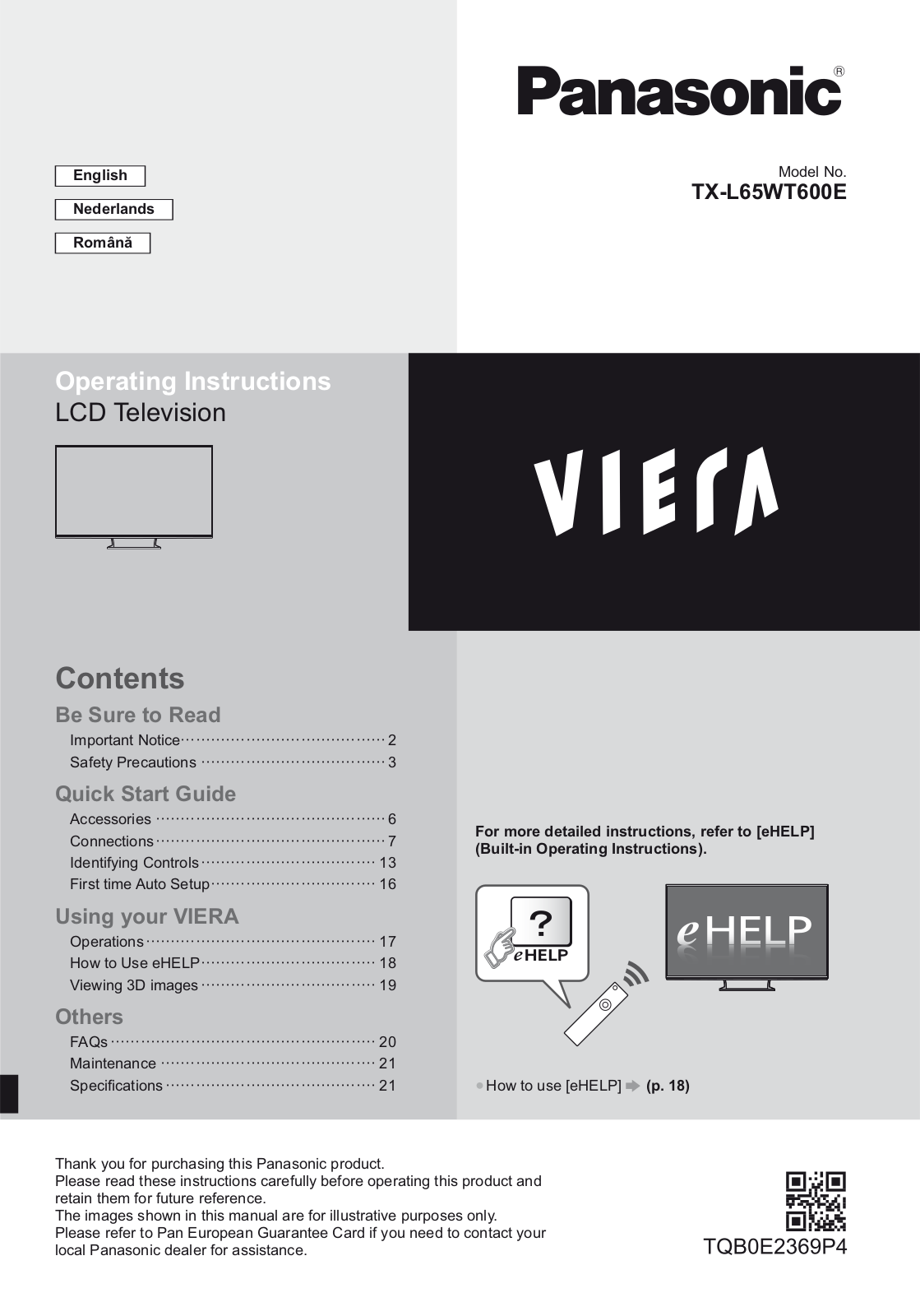 Panasonic Viera TX-L65WT600E Operating Instructions Manual