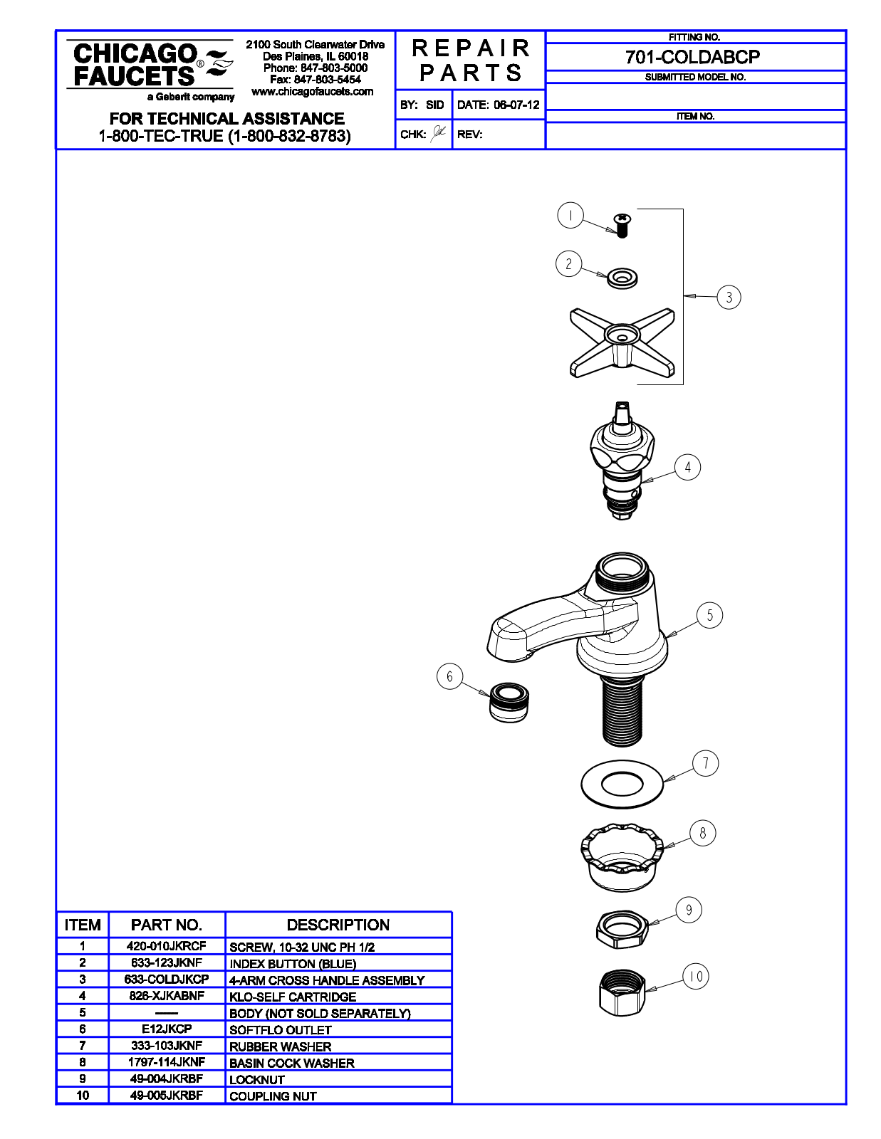 Chicago Faucet 701-COLDABCP Parts List