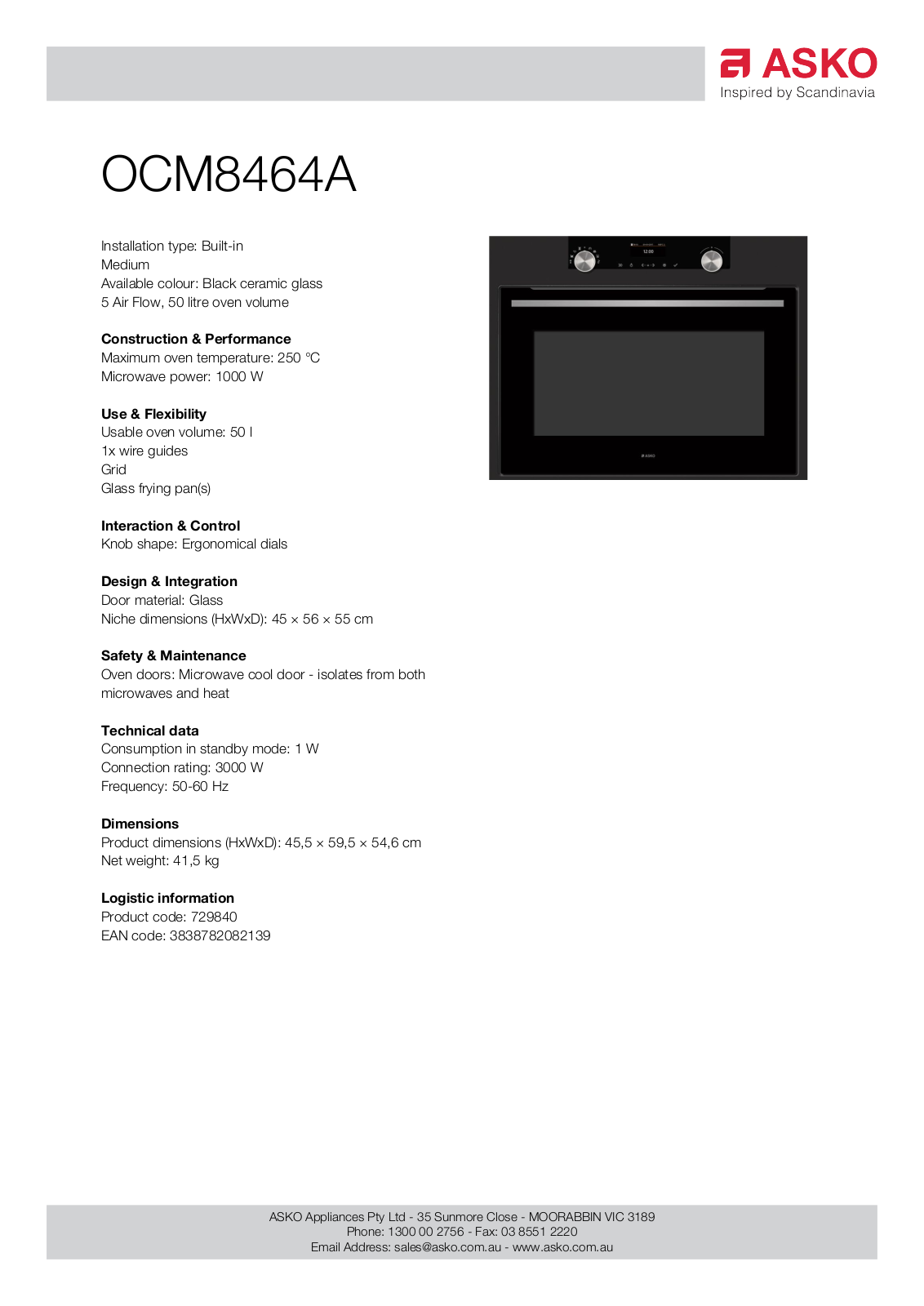 ASKO OCM8464A Specifications Sheet