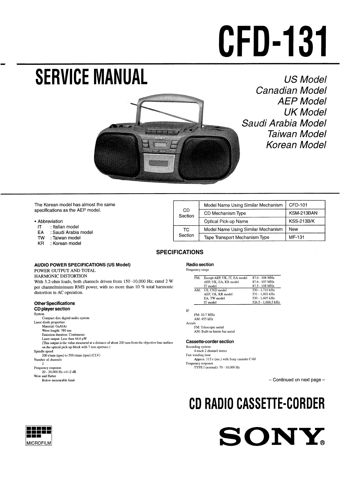 Sony CFD-131 Service manual