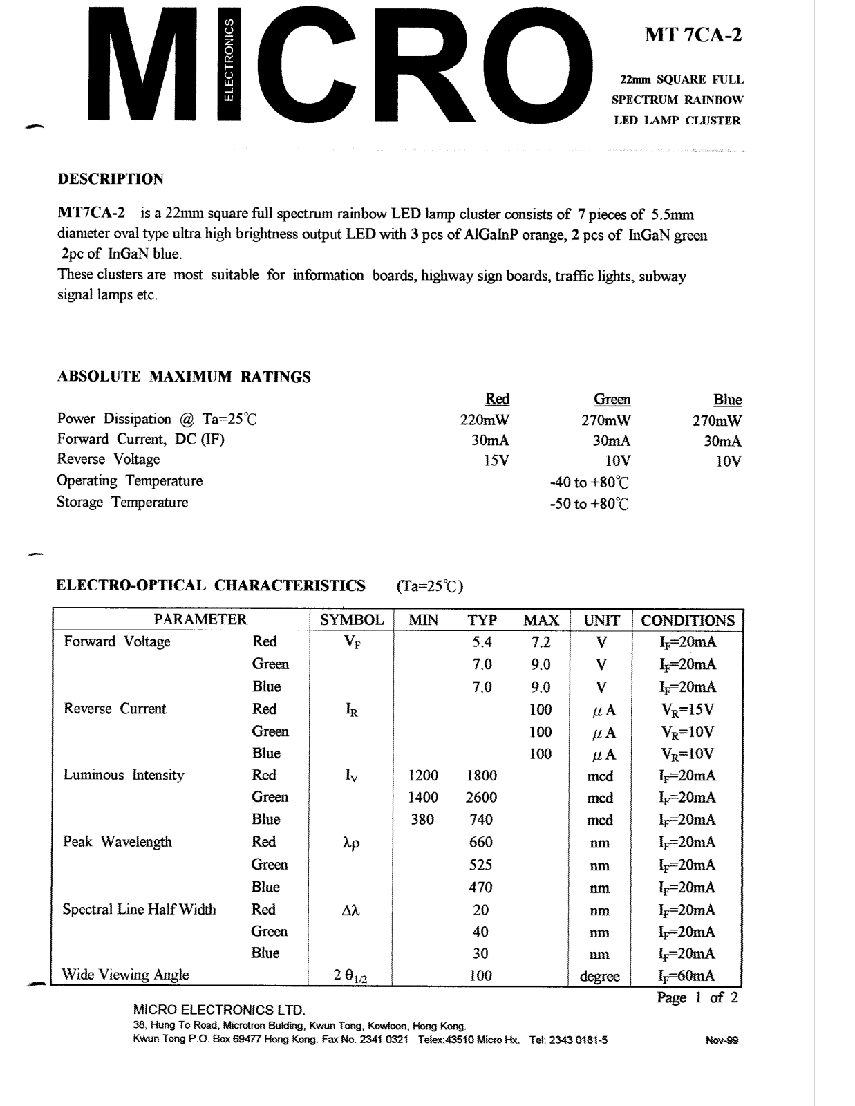 MICRO MT7CA-2 Datasheet