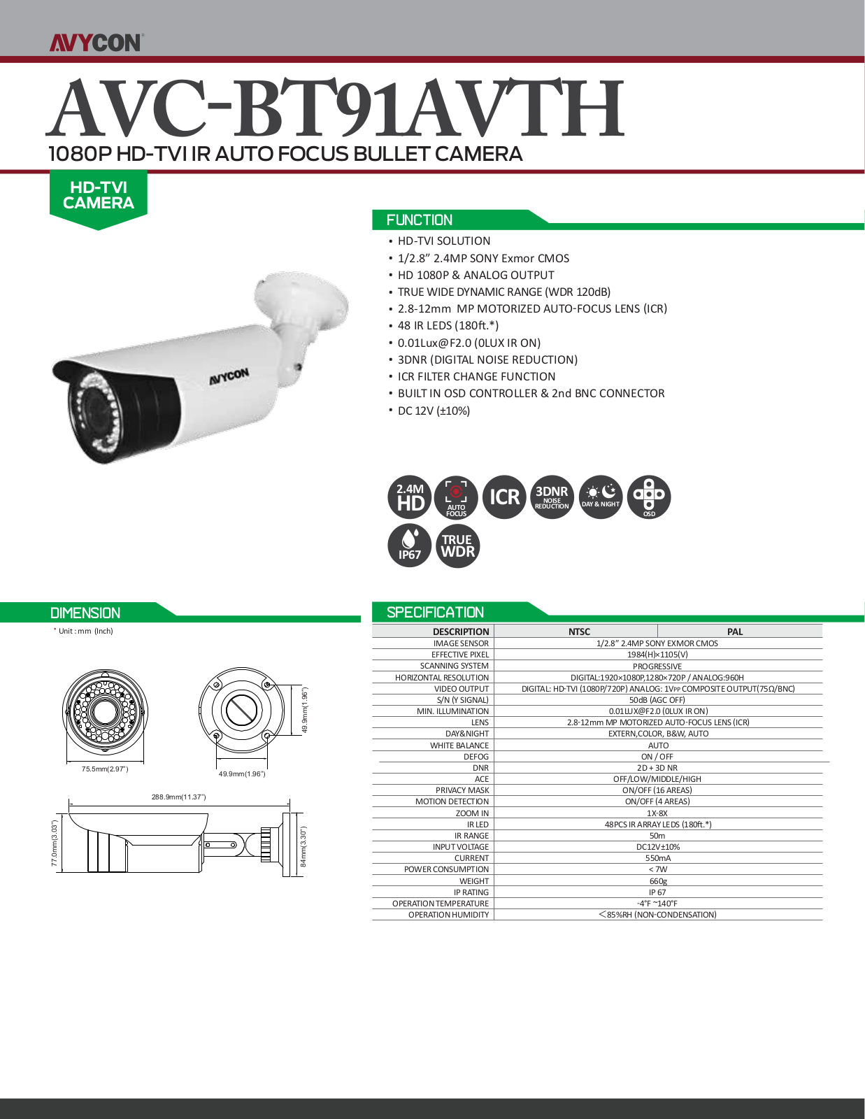 Avycon AVC-BT91AVTH Specsheet