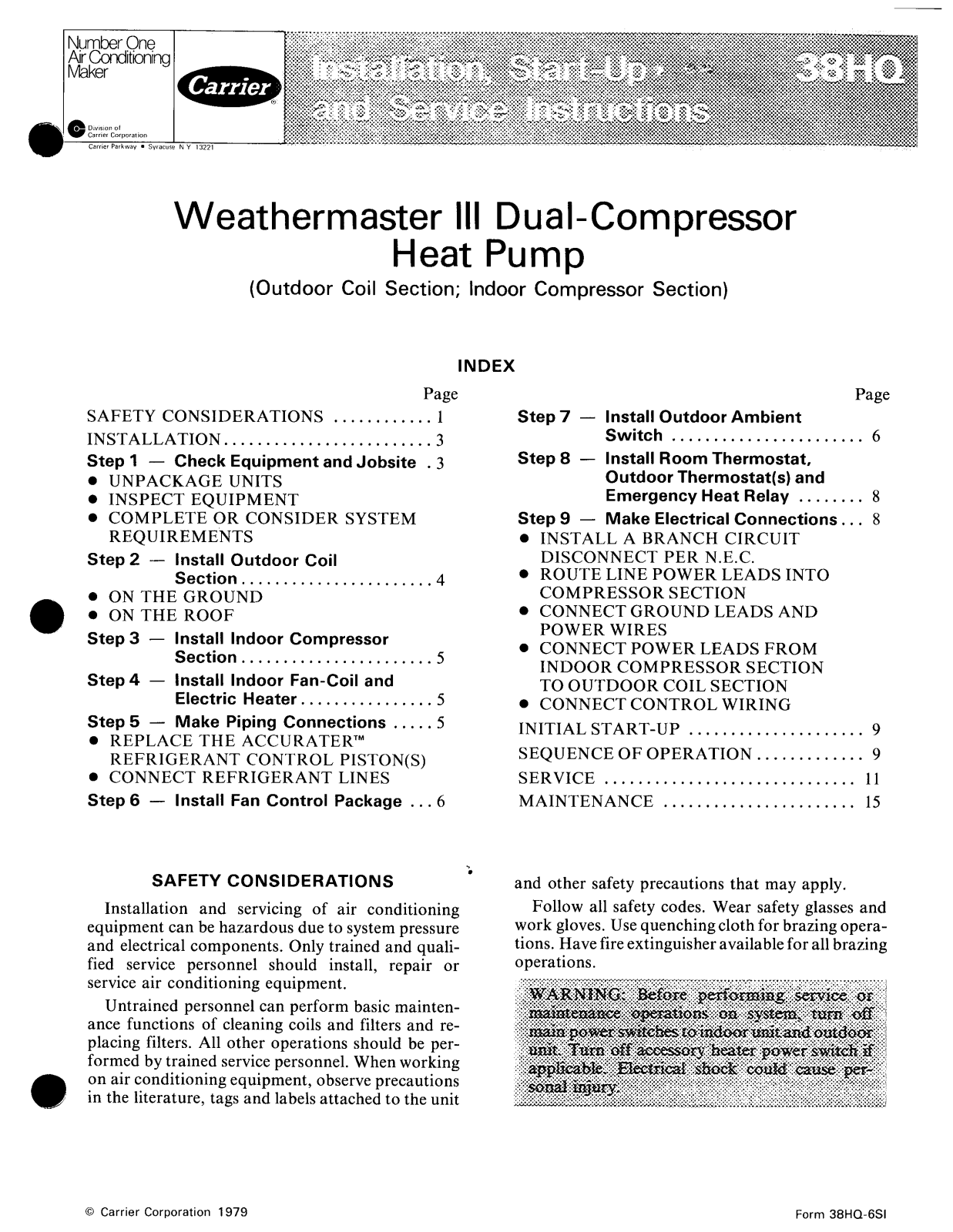 Carrier WEATHERMASTER III 38HQ User Manual