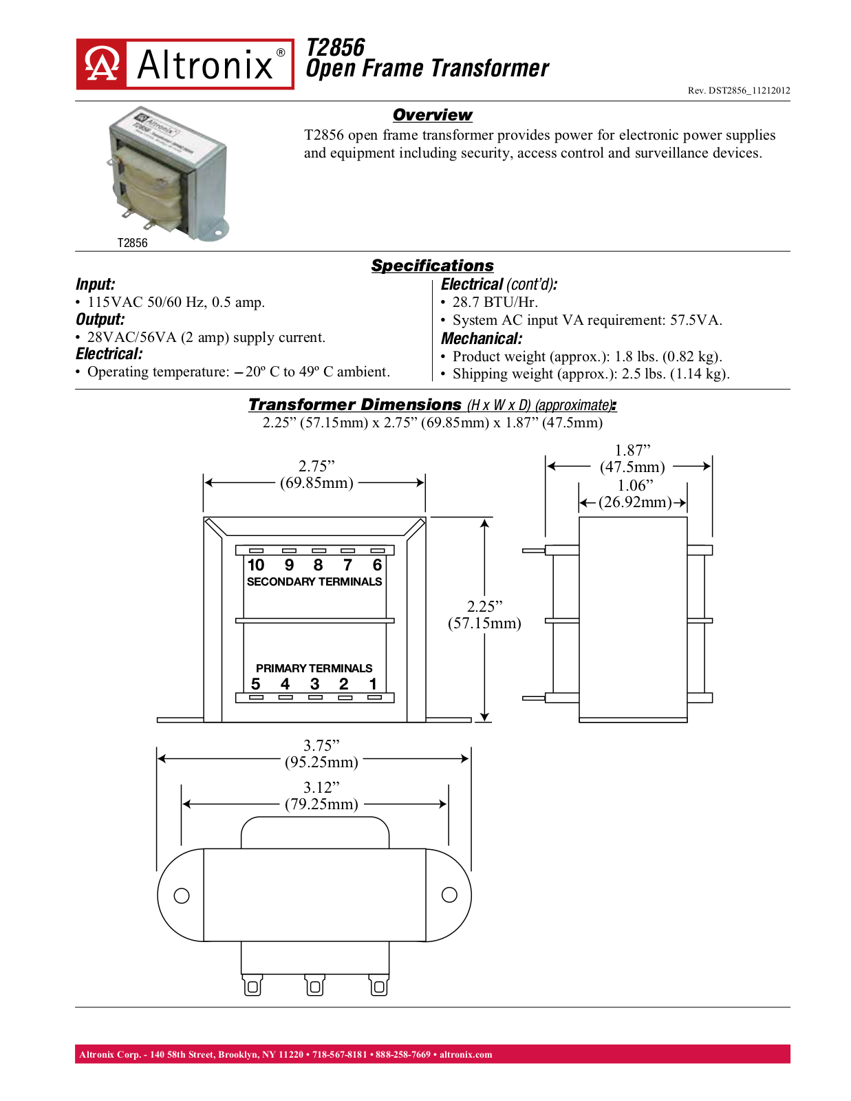 Altronix T2856 Specsheet