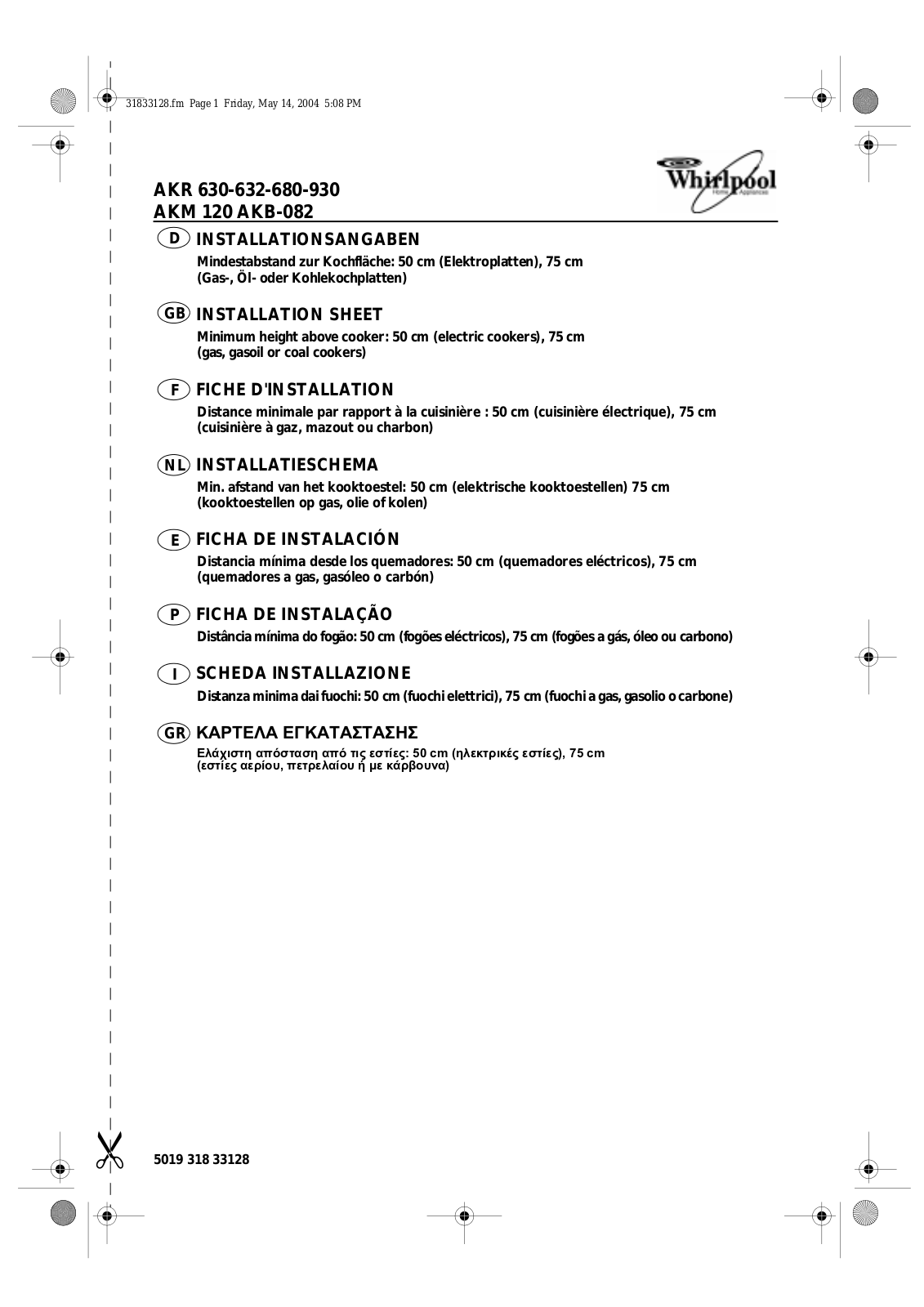 Whirlpool AKR 930 WH, AKR 630 WH, AKR 680 GY/1 PROGRAM CHART