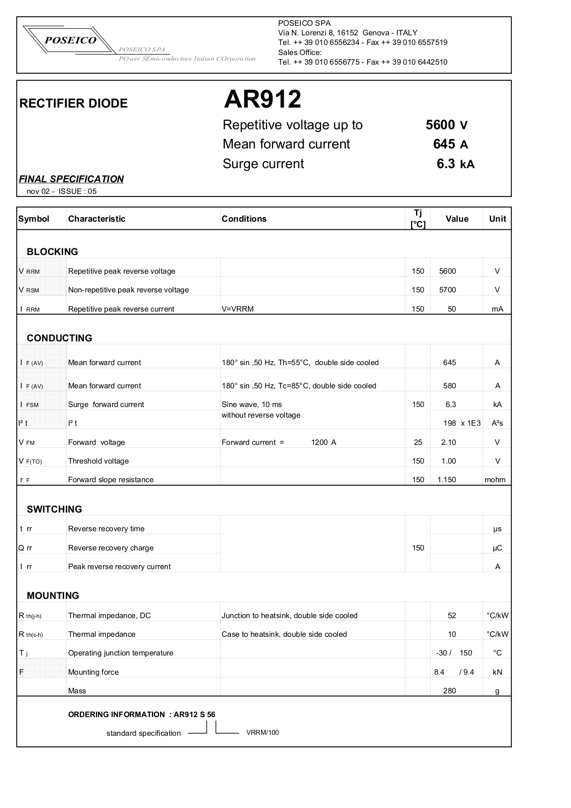 POSEICO AR912S56 Datasheet