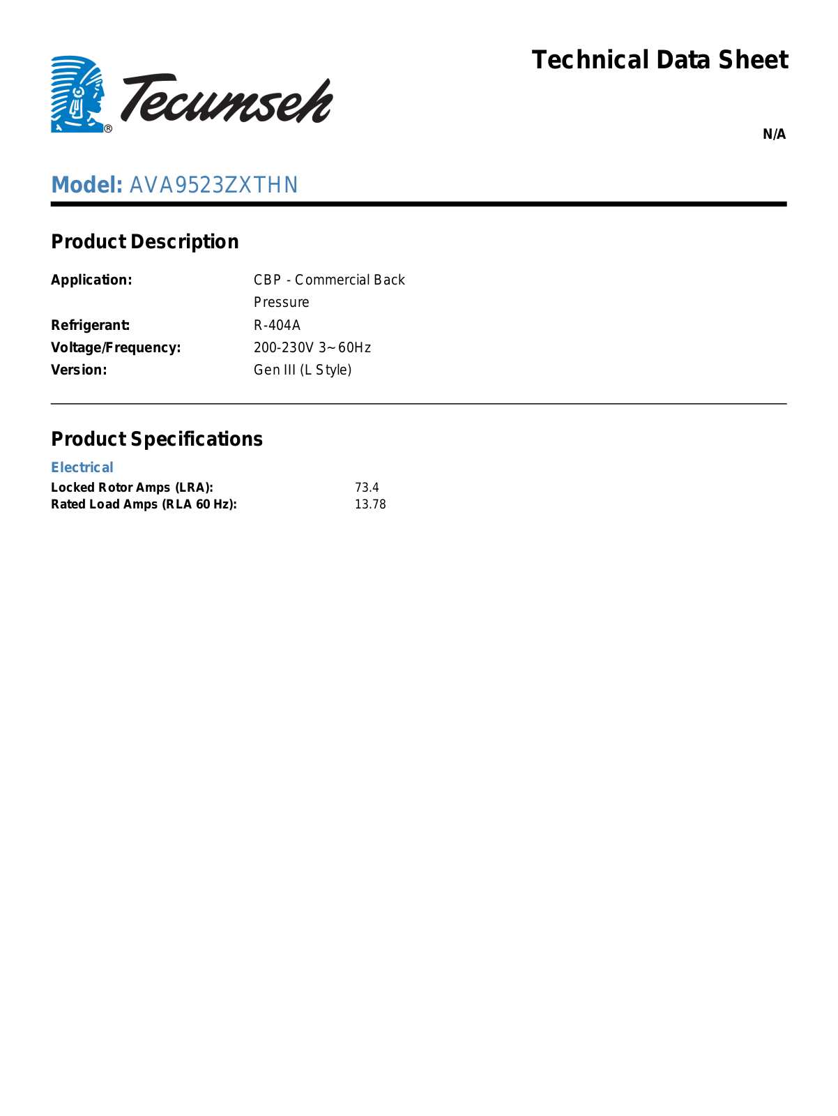 Tecumseh AVA9523ZXTHN Technical Data Sheet