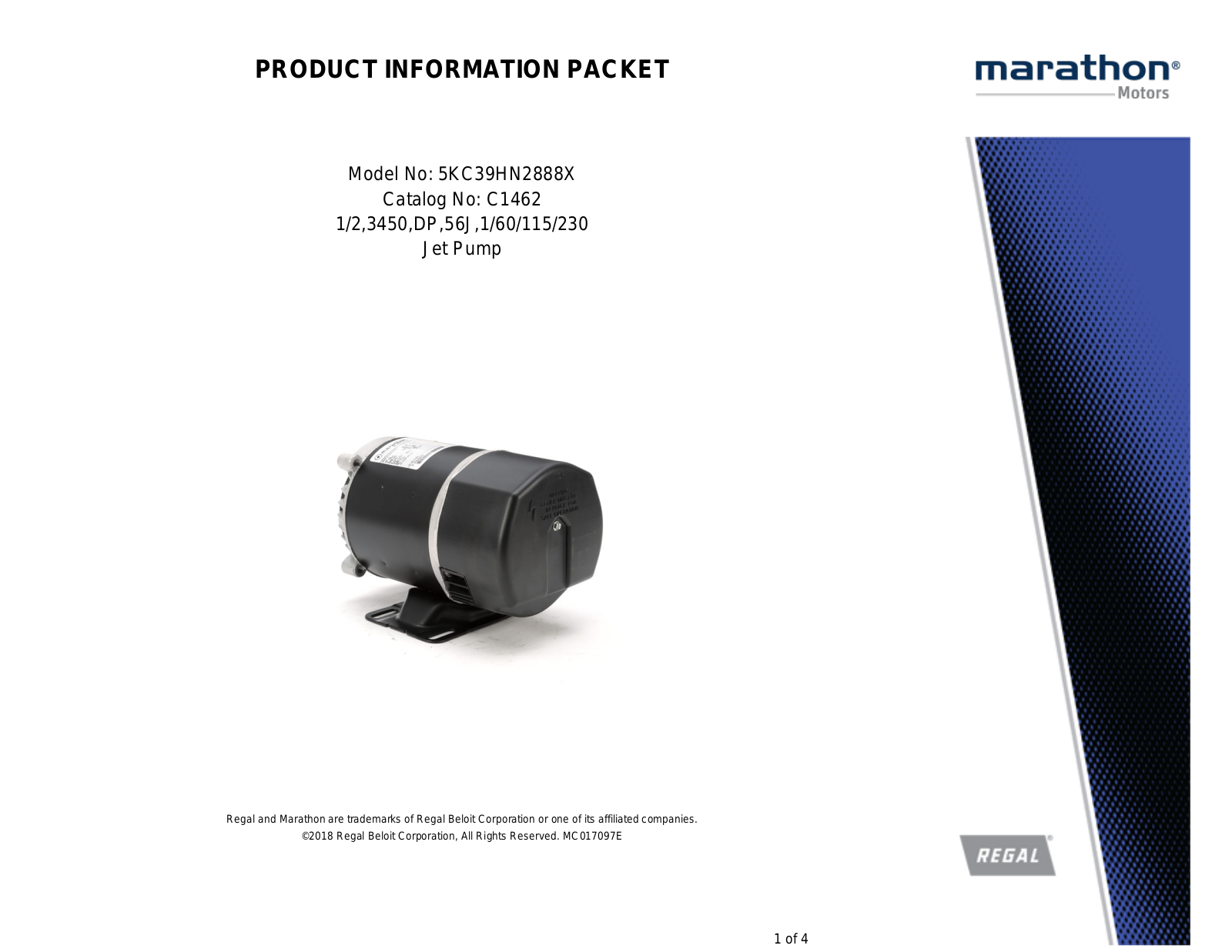 Marathon Electric 5KC39HN2888X Product Information Packet