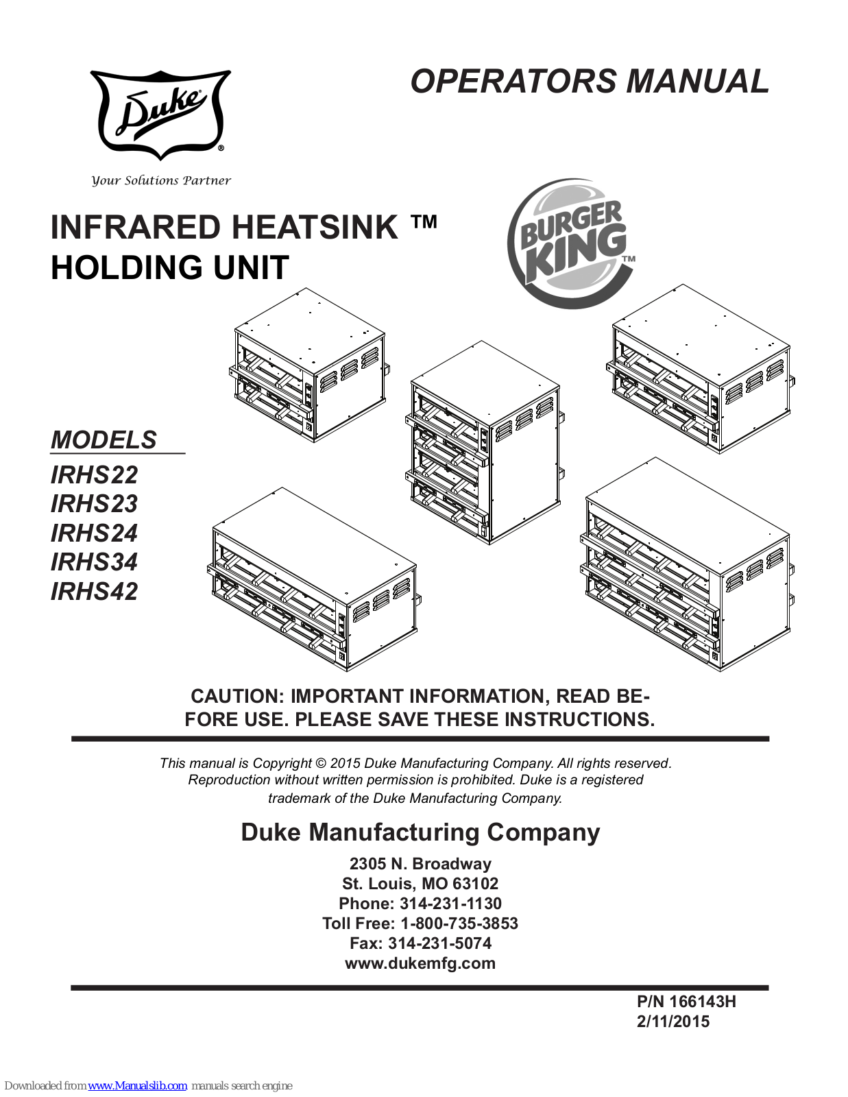 Duke IRHS22, IRHS23, IRHS24, IRHS34, IRHS42 Operator's Manual