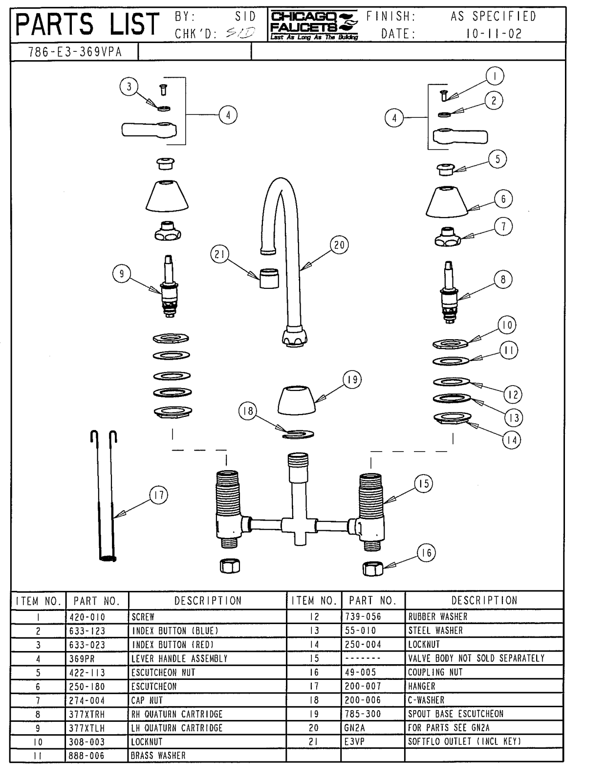 Chicago Faucet 786-E3-369VPACP Parts List