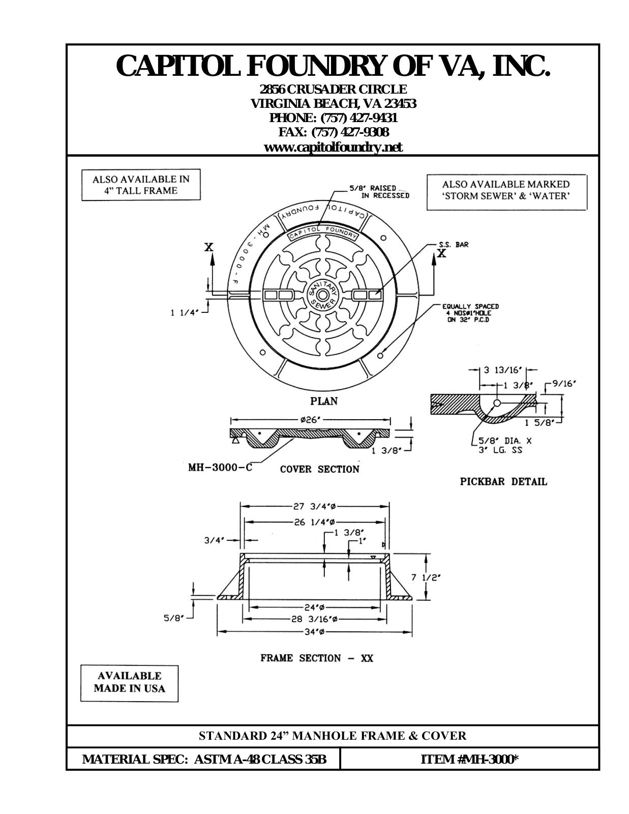 Capitol Foundry of Virginia Cover Standard Water, Cast Iron Ring Technical data